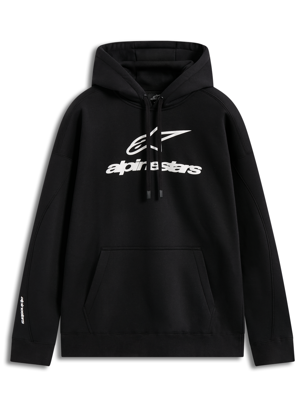 Alpinestars Prelude Oversized Hoodie, felpa sportswear in pile nero con logo bianco a rilievo e tasca a marsupio