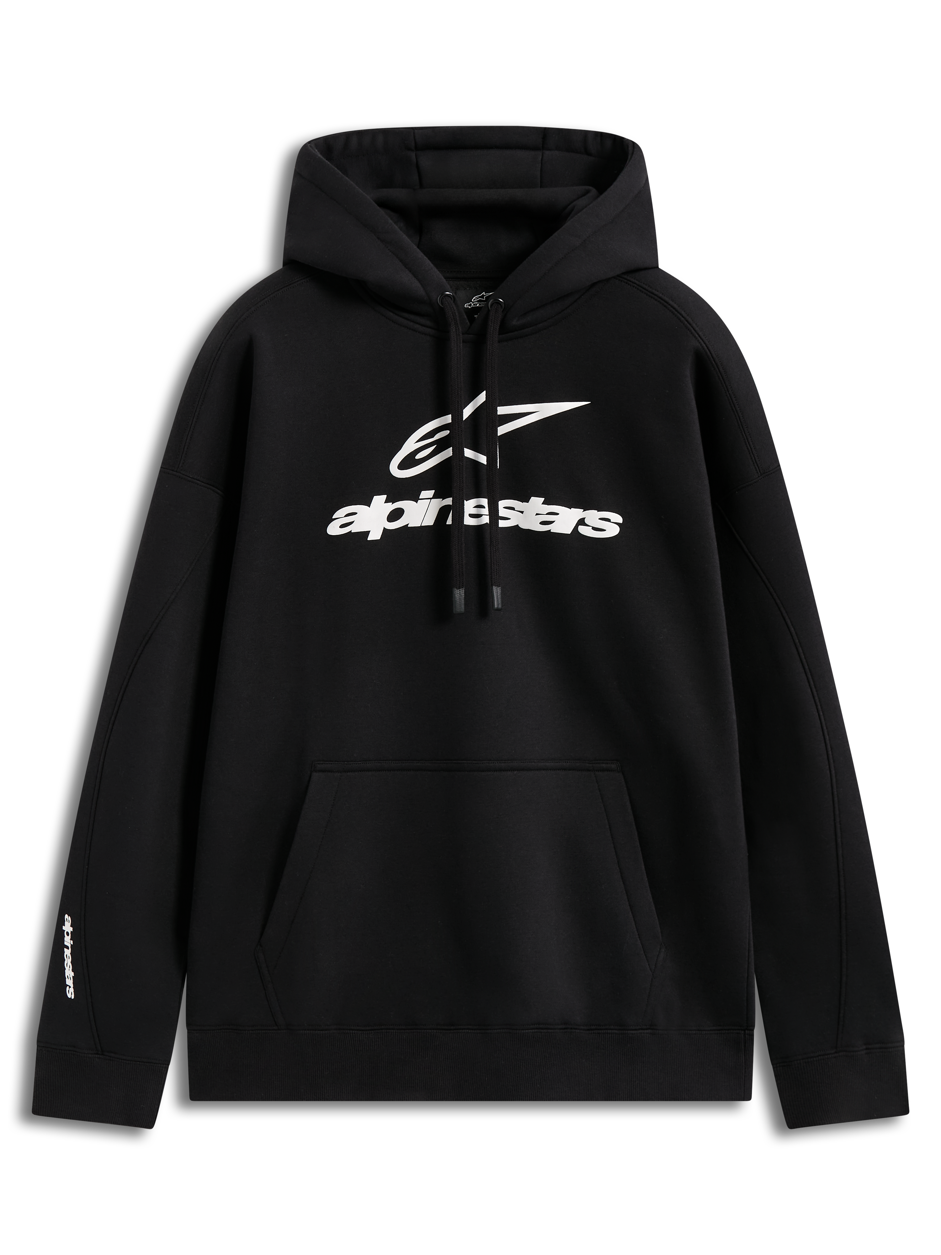 Alpinestars Prelude Oversized Hoodie, felpa sportswear in pile nero con logo bianco a rilievo e tasca a marsupio