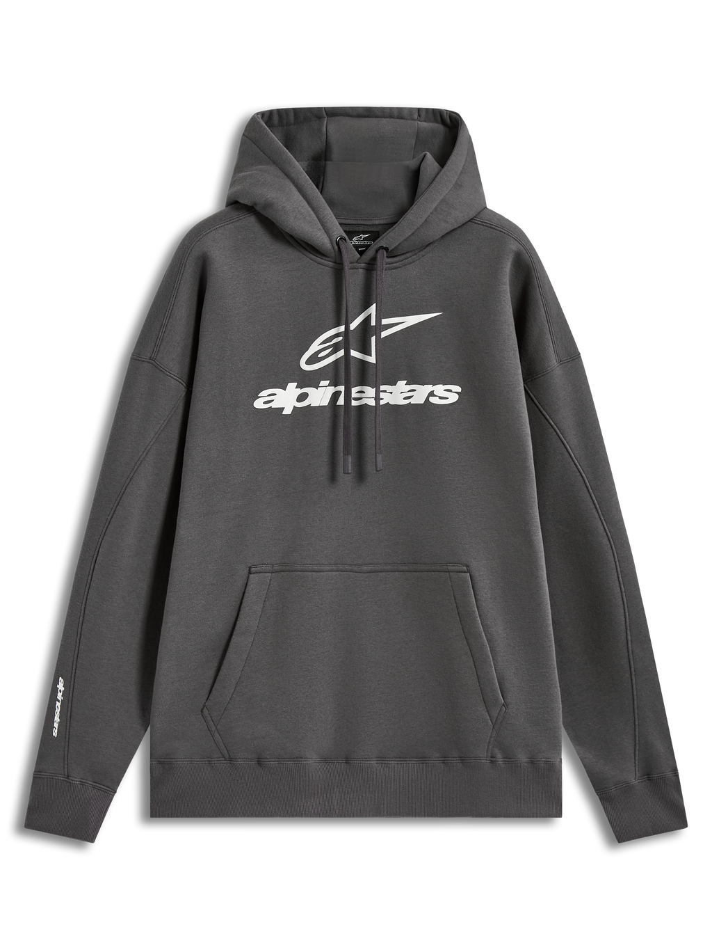 Alpinestars Prelude Oversized Hoodie, felpa con cappuccio oversize in pile grigio antracite, logo con stampa a rilievo sul petto e sulla manica, tasca a marsupio, abbigliamento sportswear