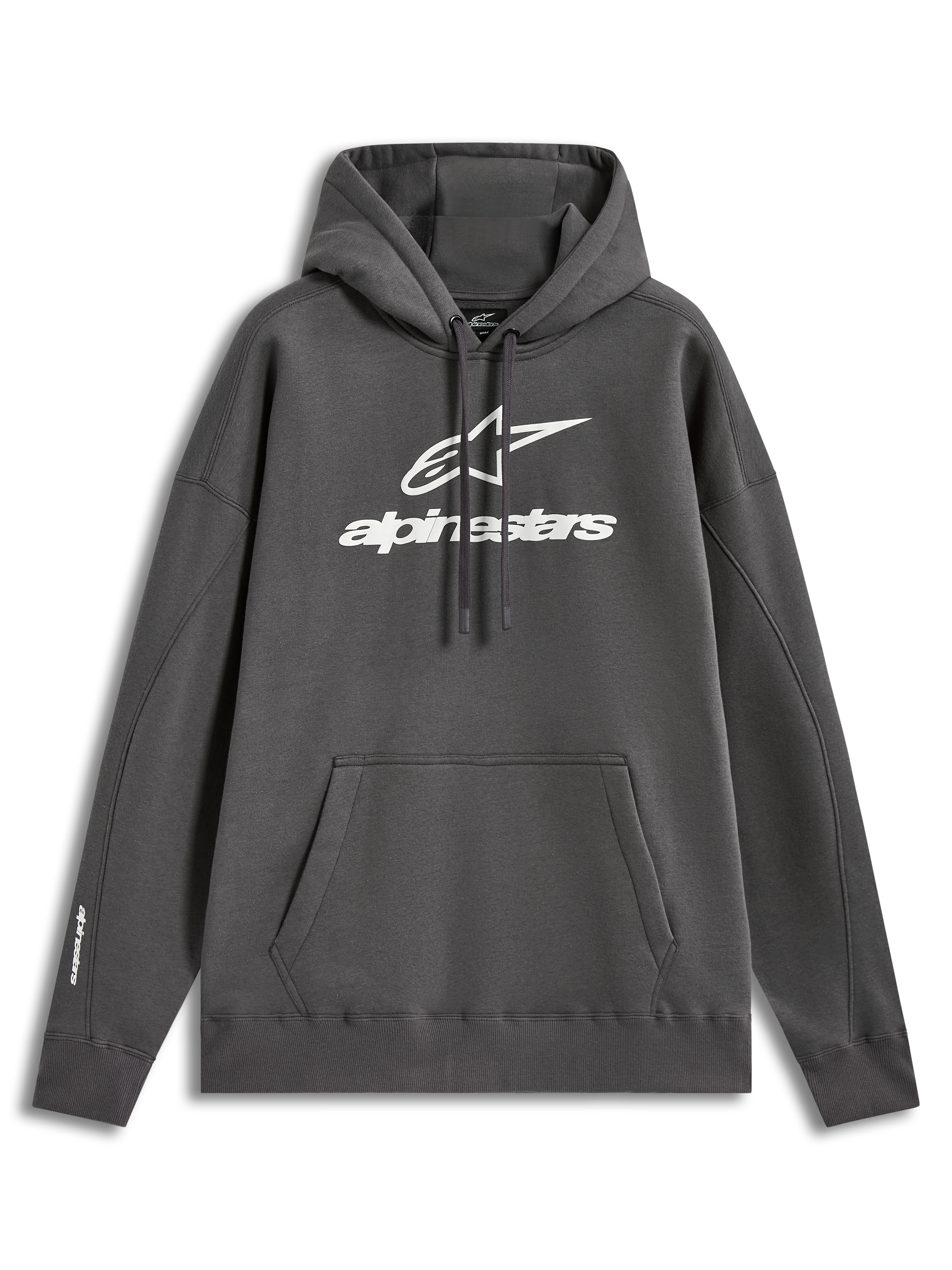 Alpinestars Prelude Oversized Hoodie, felpa con cappuccio oversize in pile grigio antracite, logo con stampa a rilievo sul petto e sulla manica, tasca a marsupio, abbigliamento sportswear