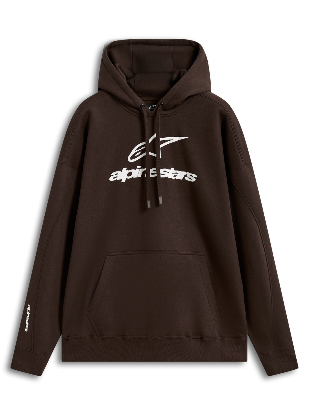 Alpinestars Prelude Oversized Hoodie, felpa con cappuccio marrone con logo bianco a rilievo sul petto, tasca a marsupio, materiale in pile, sportswear casual