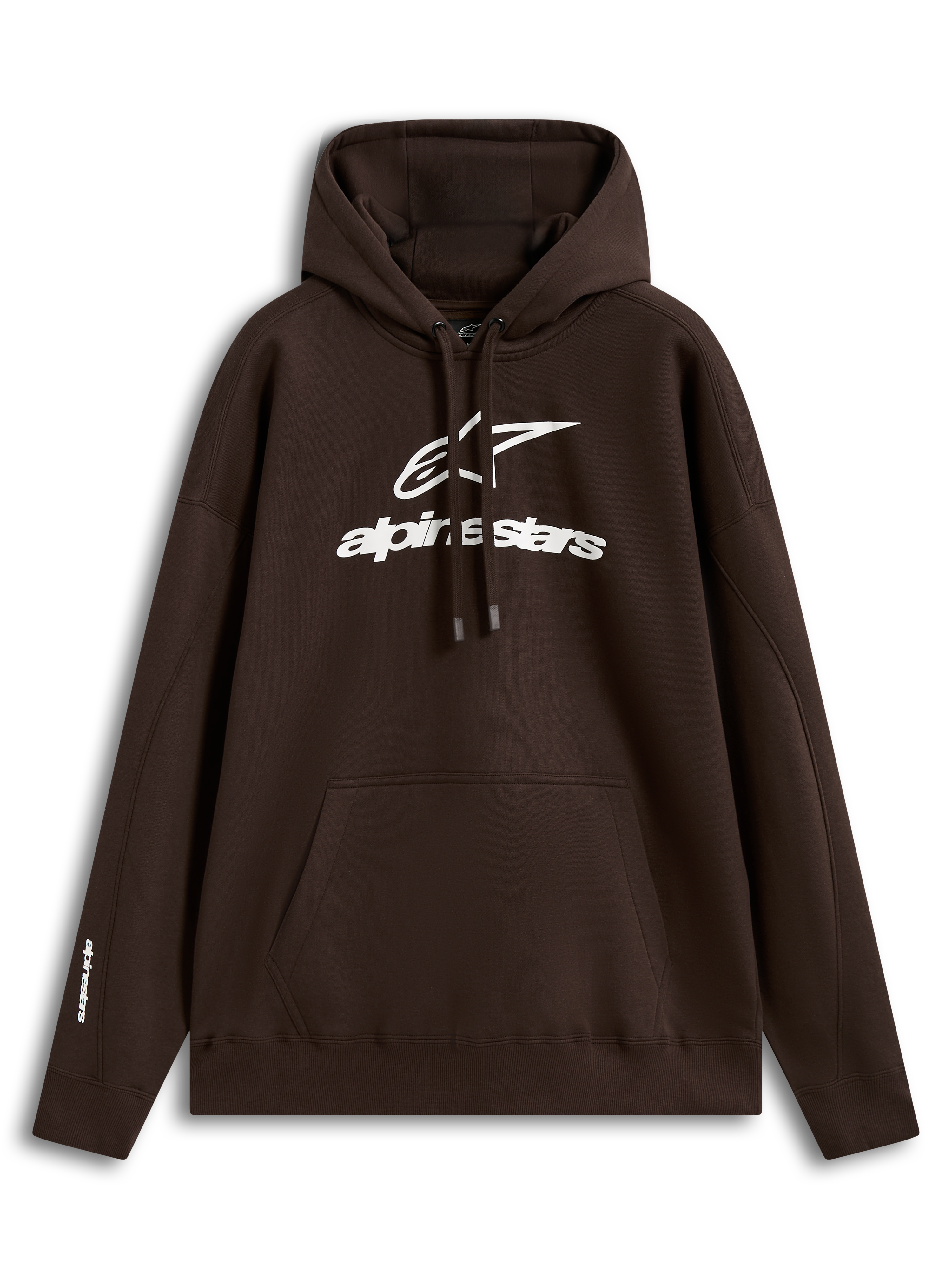 Alpinestars Prelude Oversized Hoodie, felpa con cappuccio marrone con logo bianco a rilievo sul petto, tasca a marsupio, materiale in pile, sportswear casual