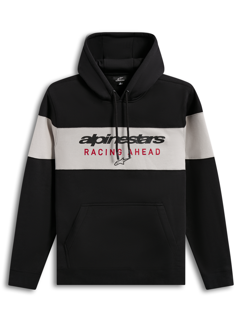 Alpinestars Cubic Hoodie, felpa con cappuccio in pile a blocchi di colore nero e grigio, logo Racing Ahead sul petto, tasca a marsupio, polsini e orlo a coste, abbigliamento sportivo casual