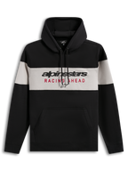 Alpinestars Cubic Hoodie, felpa con cappuccio in pile a blocchi di colore nero e grigio, logo Racing Ahead sul petto, tasca a marsupio, polsini e orlo a coste, abbigliamento sportivo casual