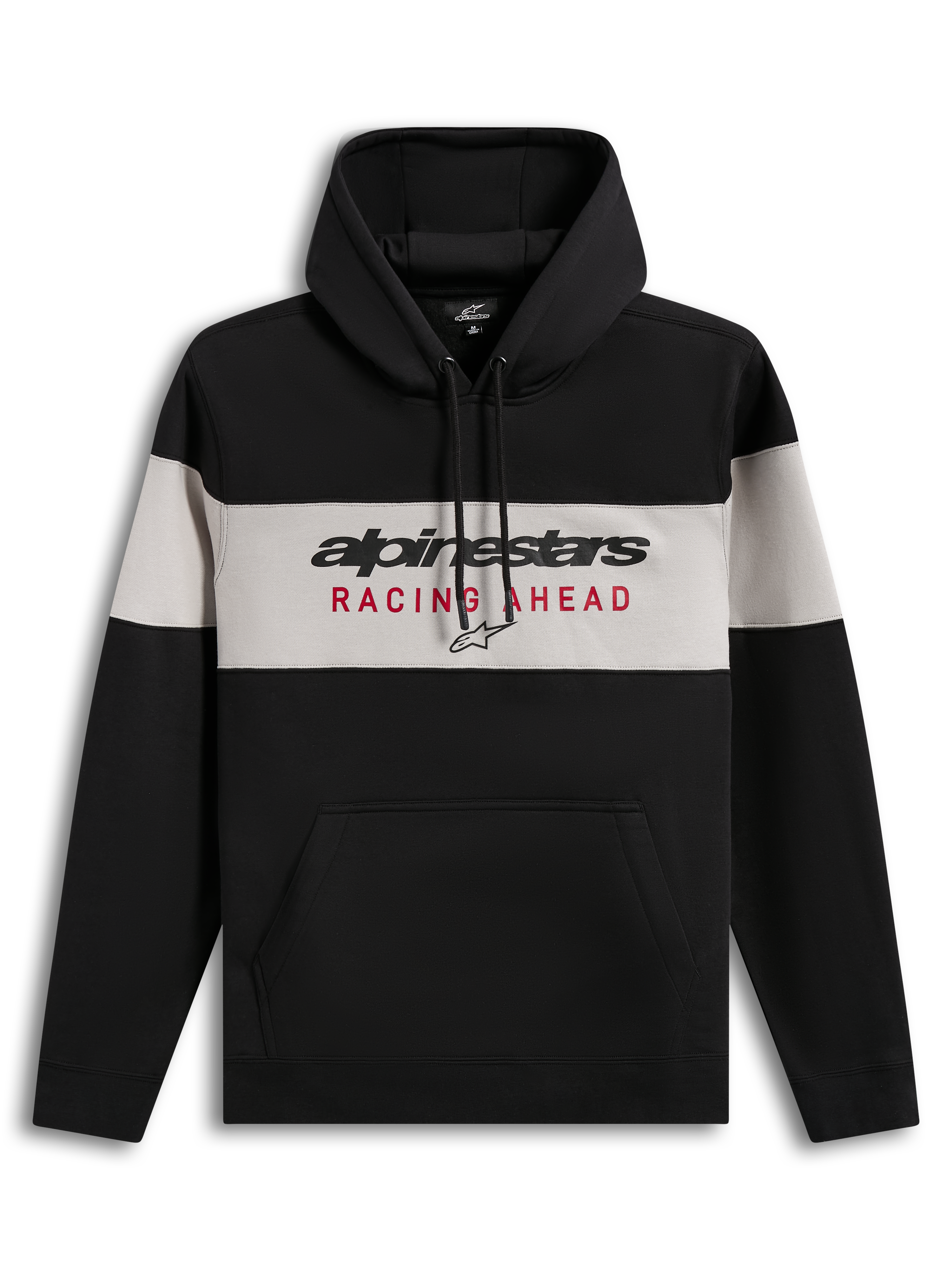 Alpinestars Cubic Hoodie, felpa con cappuccio in pile a blocchi di colore nero e grigio, logo Racing Ahead sul petto, tasca a marsupio, polsini e orlo a coste, abbigliamento sportivo casual
