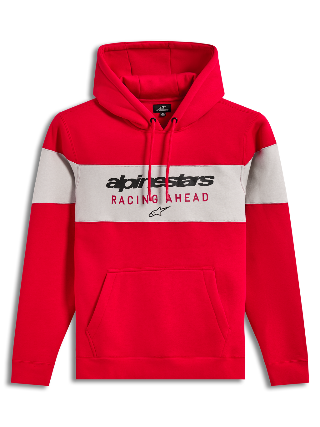 Alpinestars Cubic Hoodie, felpa con cappuccio in pile, rossa e grigia con design a blocchi di colore, logo frontale e tasca a marsupio, abbigliamento casual sportswear
