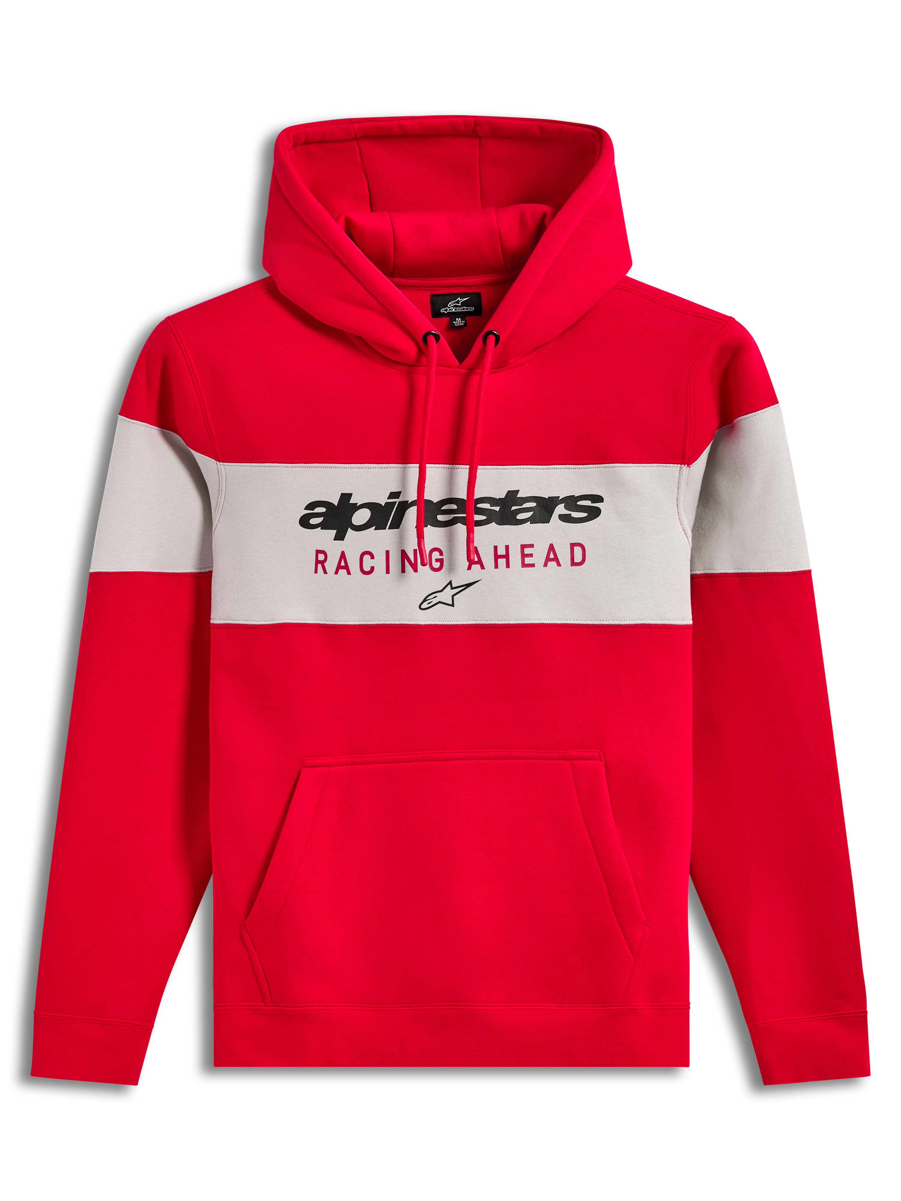 Alpinestars Cubic Hoodie, felpa con cappuccio in pile, rossa e grigia con design a blocchi di colore, logo frontale e tasca a marsupio, abbigliamento casual sportswear