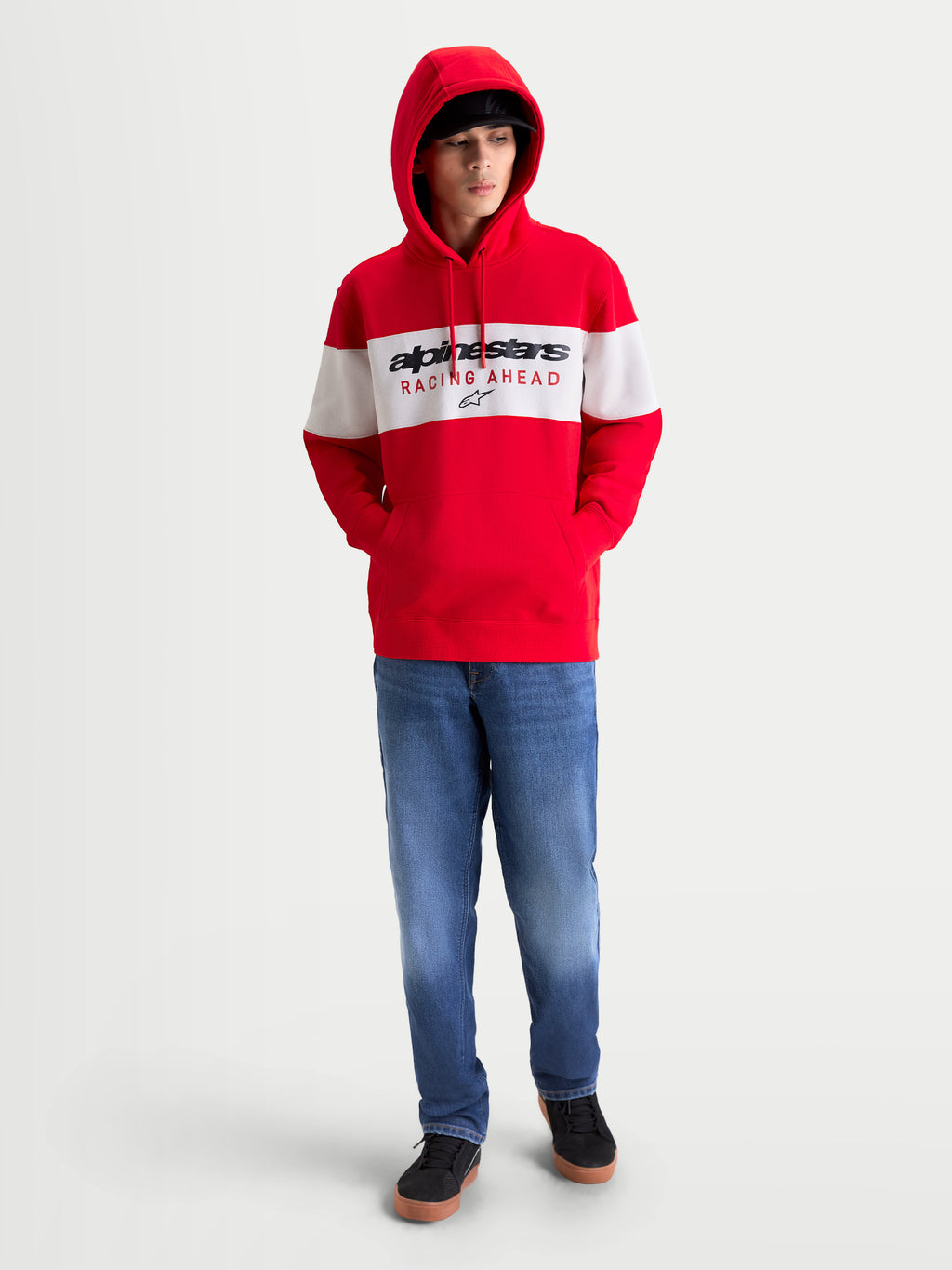 Alpinestars Felpa con cappuccio Cubic, felpa sportswear da uomo, rosso e bianco, design color-block con logo Alpinestars Racing Ahead sul davanti, stile casual ispirato al motorsport