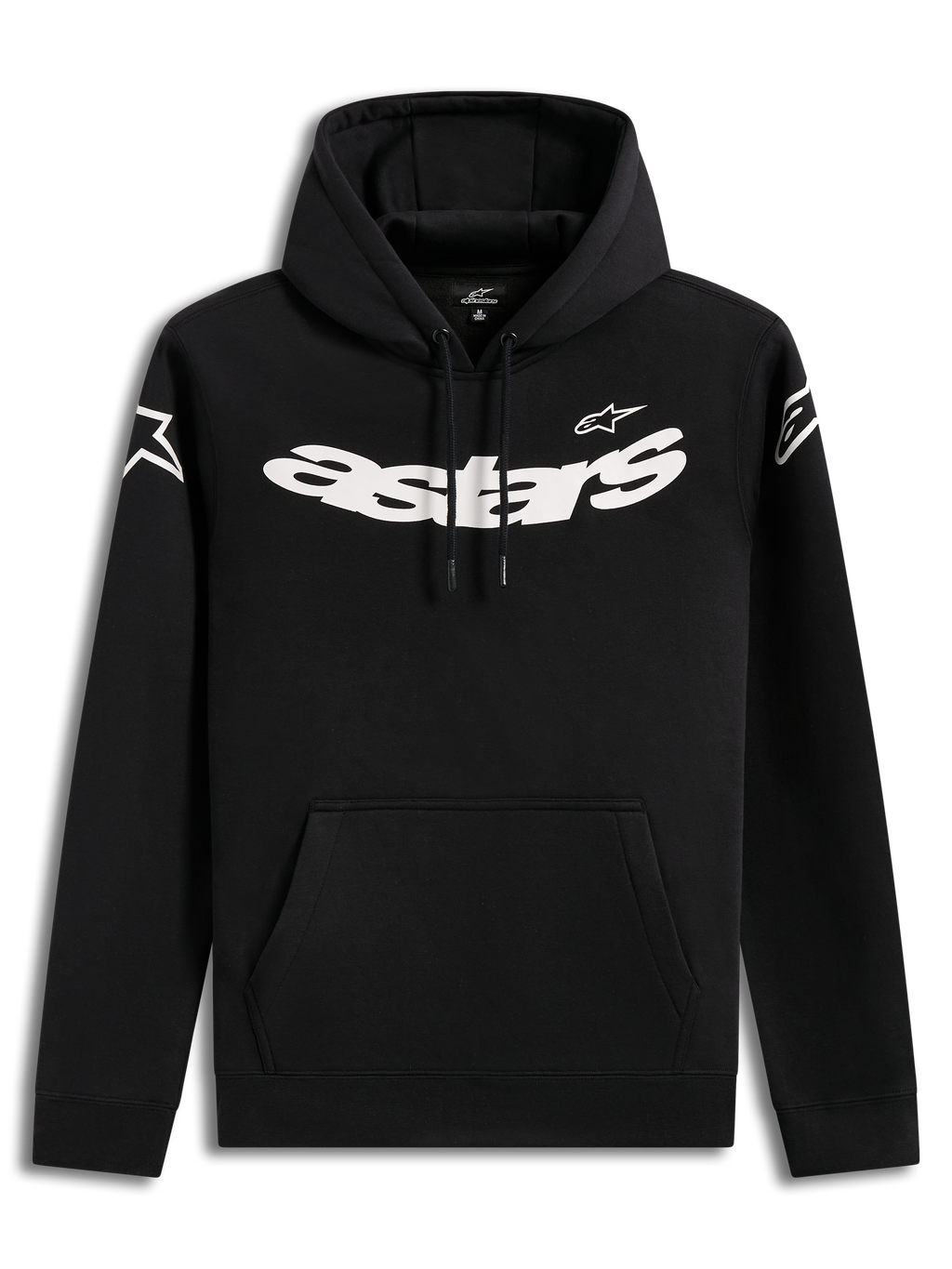 Alpinestars Velocifier Hoodie, felpa con cappuccio nera da uomo con grafica Astars bianca sul petto e tasca a marsupio.