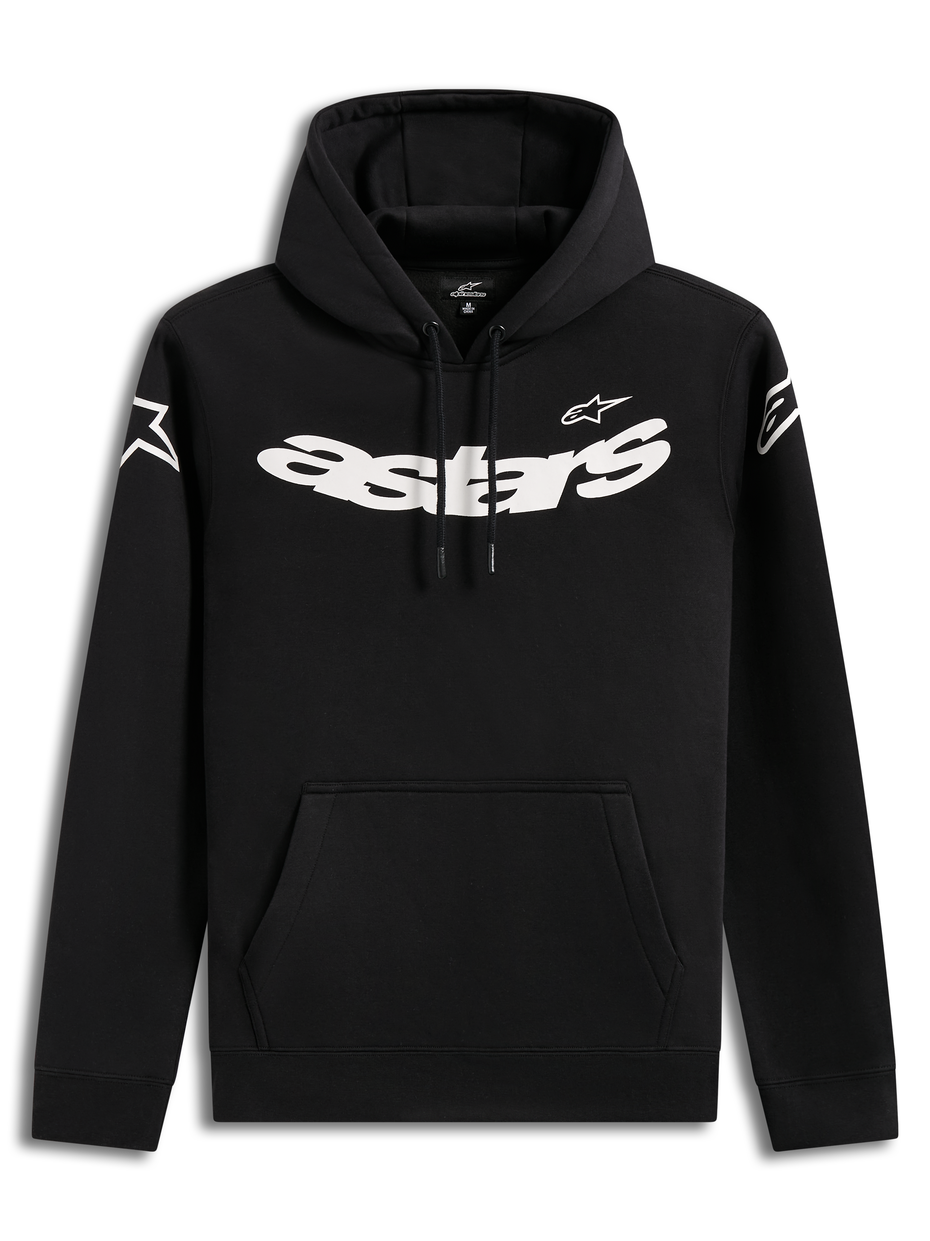 Alpinestars Velocifier Hoodie, felpa con cappuccio nera da uomo con grafica Astars bianca sul petto e tasca a marsupio.