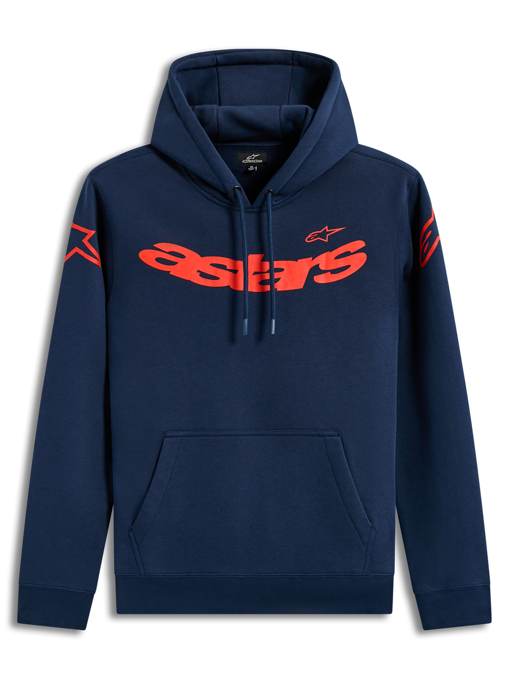 Alpinestars Velocifier Hoodie, felpa in pile blu navy con scritta Astars rossa e loghi sulle spalle, casual motorsport.