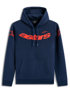 Alpinestars Velocifier Hoodie, felpa in pile blu navy con scritta Astars rossa e loghi sulle spalle, casual motorsport.