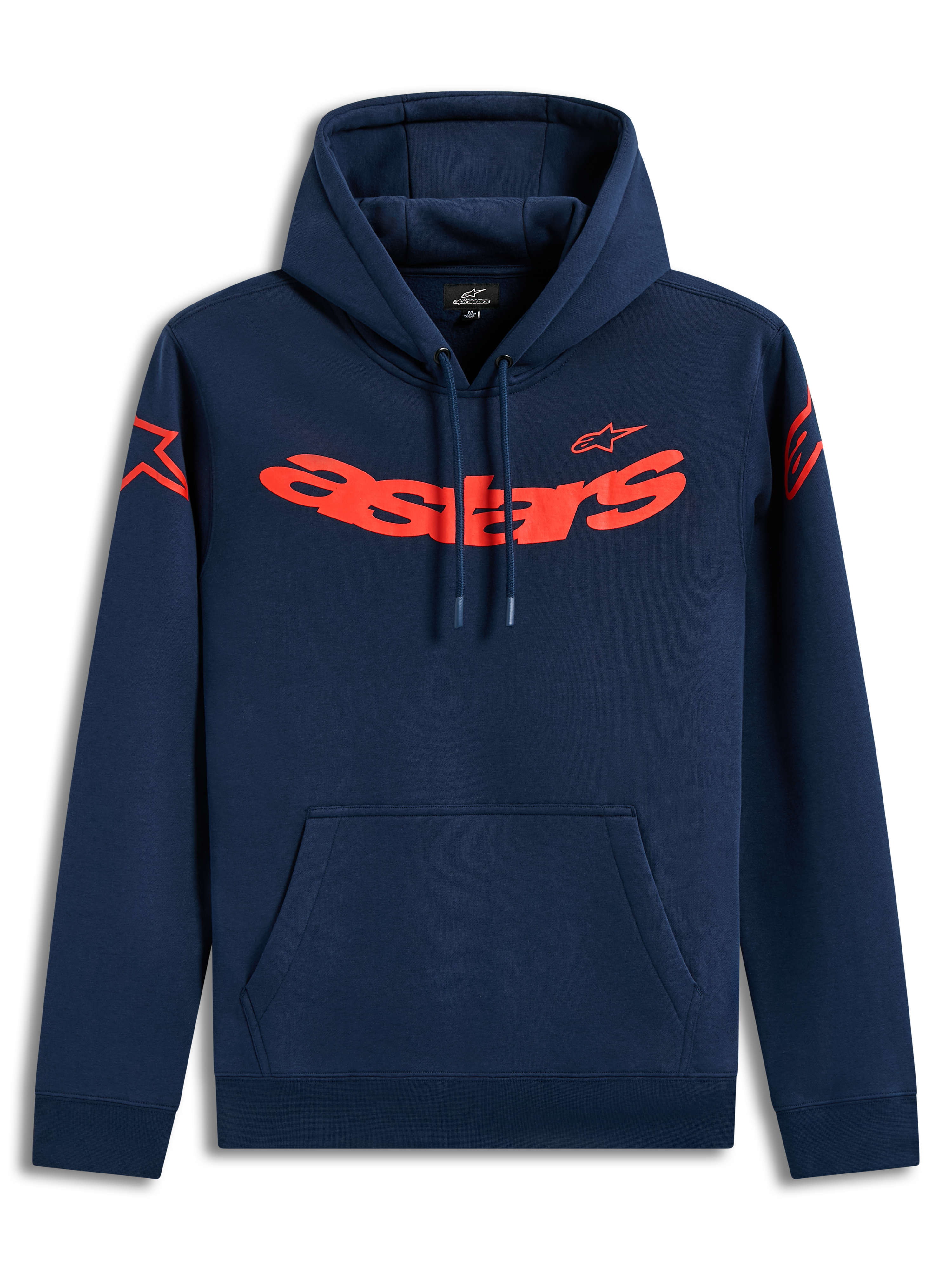 Alpinestars Velocifier Hoodie, felpa in pile blu navy con scritta Astars rossa e loghi sulle spalle, casual motorsport.