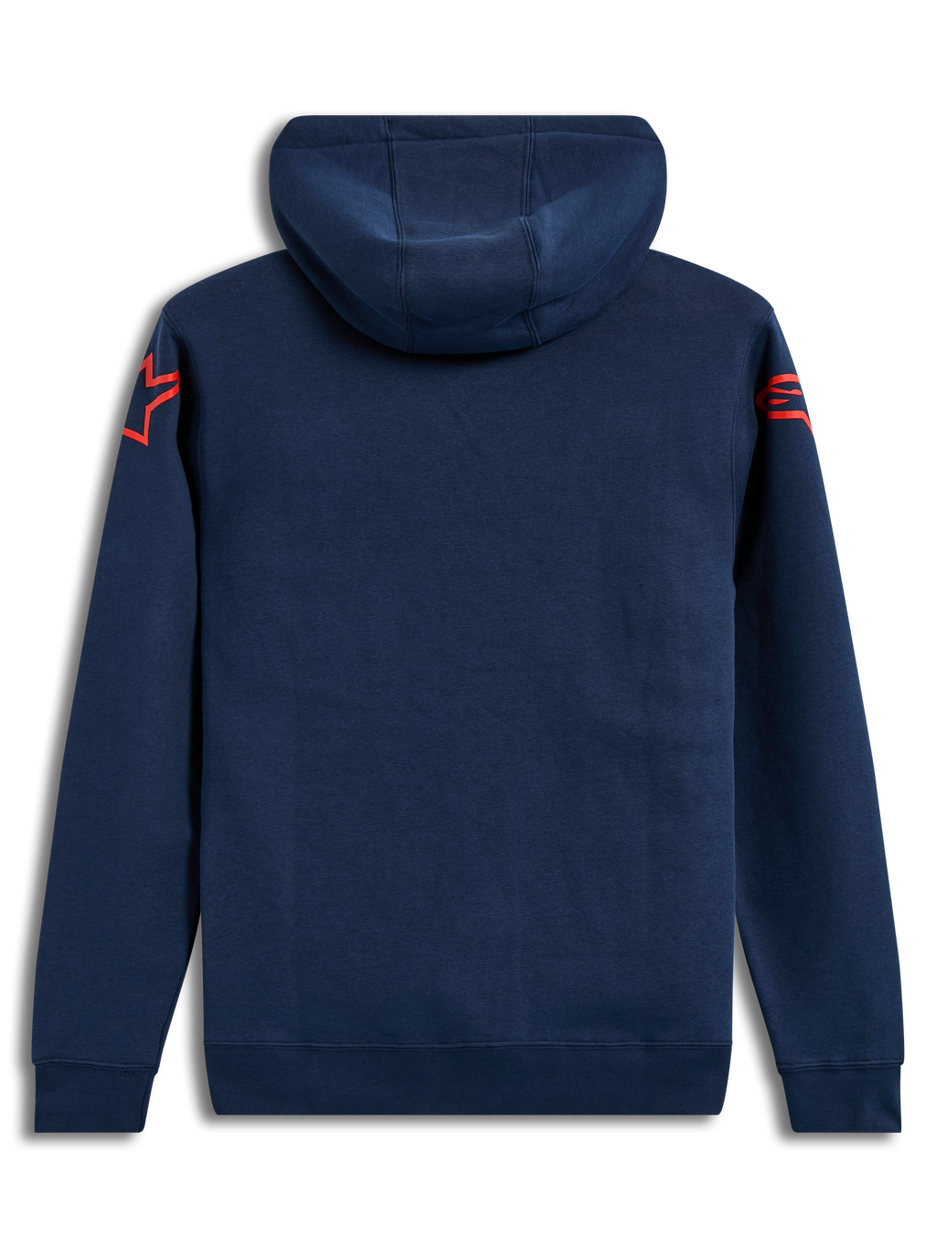 Alpinestars Velocifier Hoodie, felpa con cappuccio in pile, blu, vista posteriore con loghi Astars rossi sulle spalle, stile casual motorsport