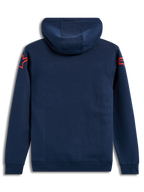 Alpinestars Velocifier Hoodie, felpa con cappuccio in pile, blu, vista posteriore con loghi Astars rossi sulle spalle, stile casual motorsport