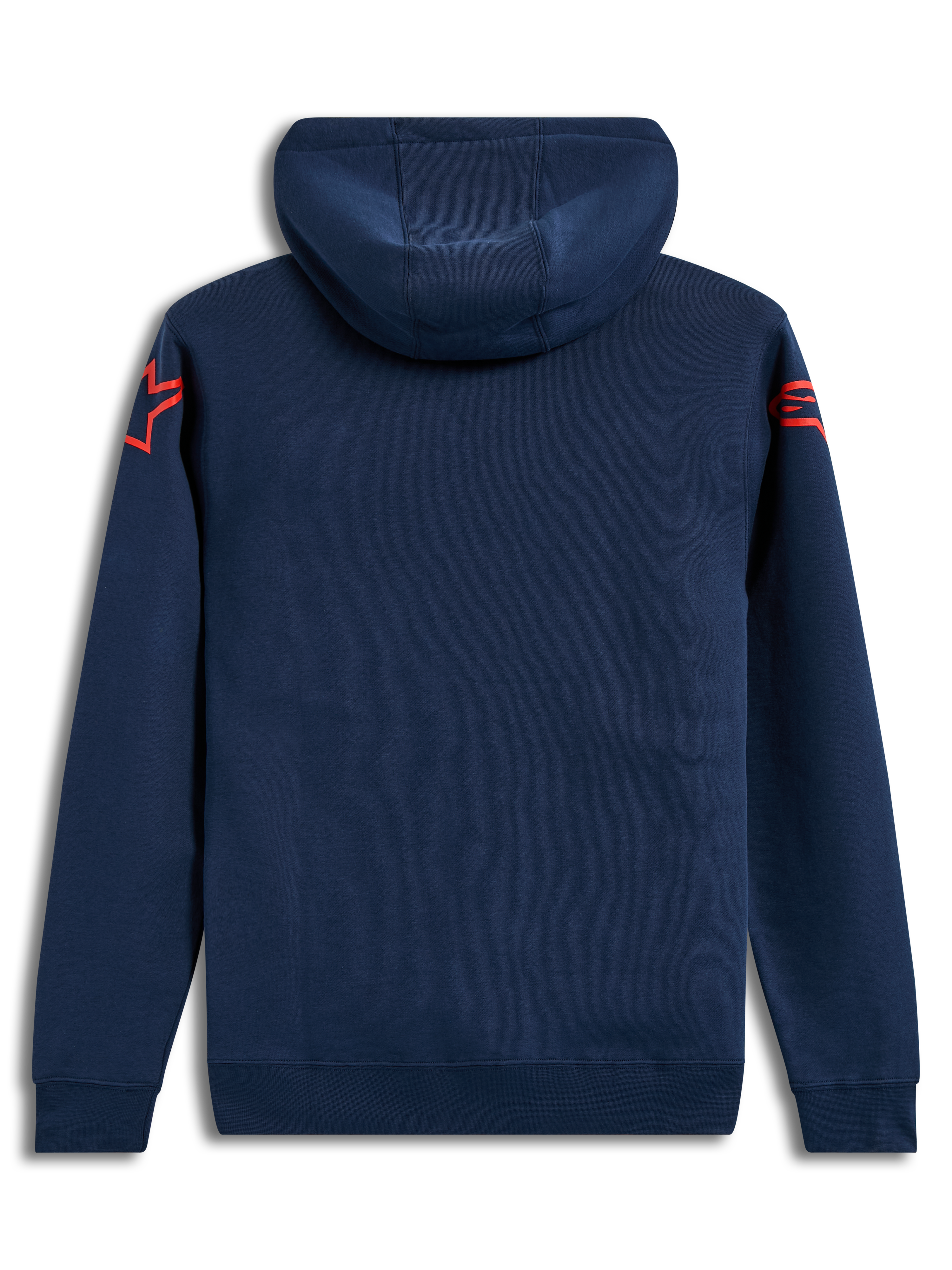 Alpinestars Velocifier Hoodie, felpa con cappuccio in pile, blu, vista posteriore con loghi Astars rossi sulle spalle, stile casual motorsport