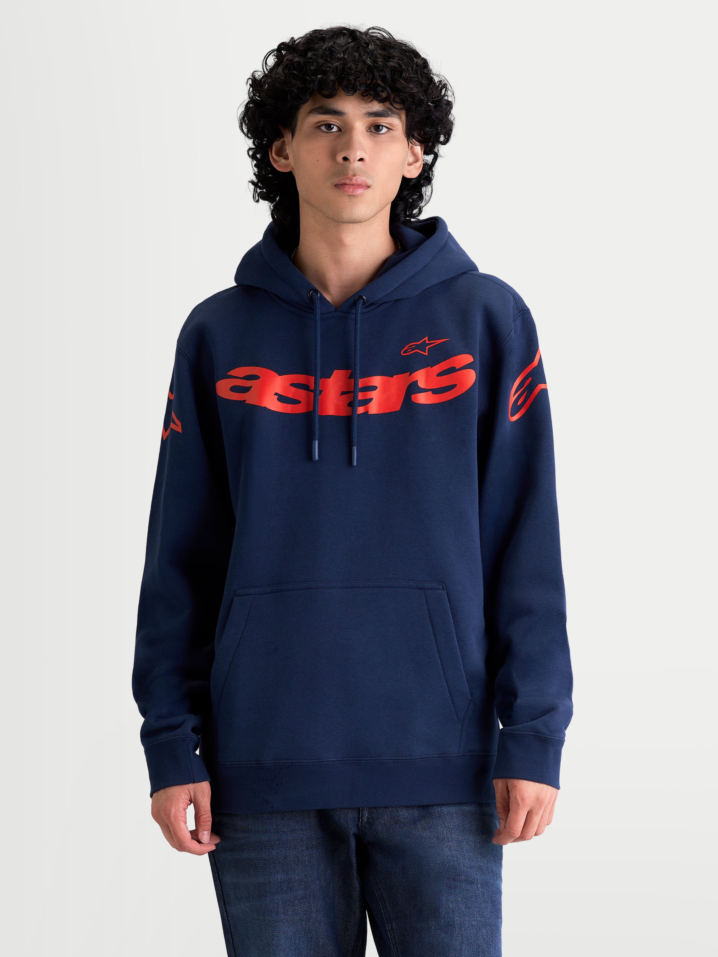 Alpinestars felpa con cappuccio Velocifier, felpa sportswear per uomo, blu navy e rosso, con marchio astars sul petto e loghi sulle spalle, in morbido misto cotone con tasca a marsupio e cappuccio con cordino