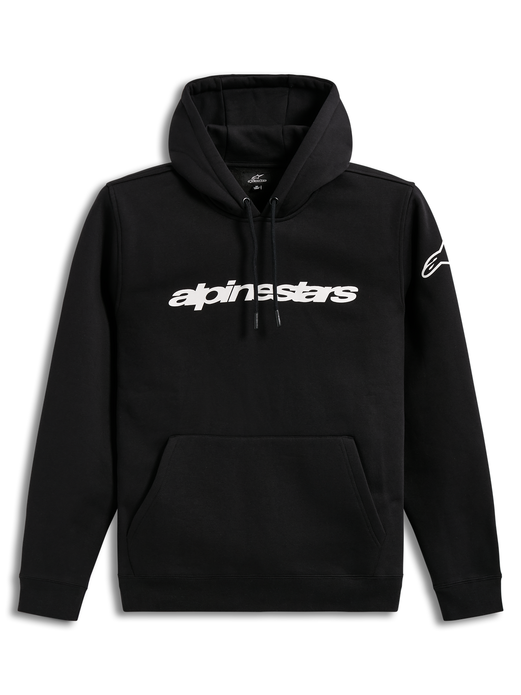 Alpinestars Race Wordmark Hoodie, felpa con cappuccio sportswear, nera e bianca, con logo lineare sul petto e tasca a marsupio.