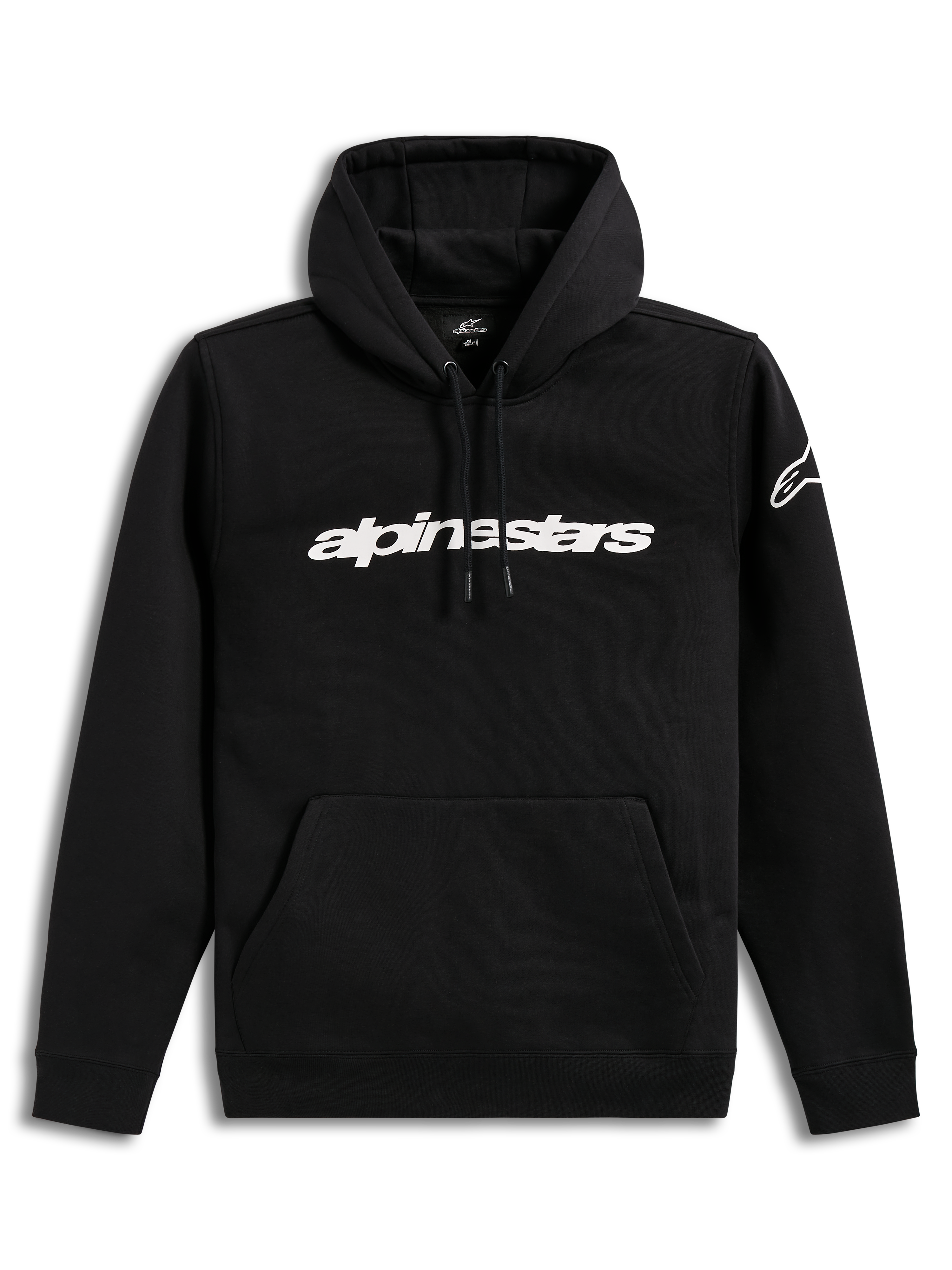 Alpinestars Race Wordmark Hoodie, felpa con cappuccio sportswear, nera e bianca, con logo lineare sul petto e tasca a marsupio.
