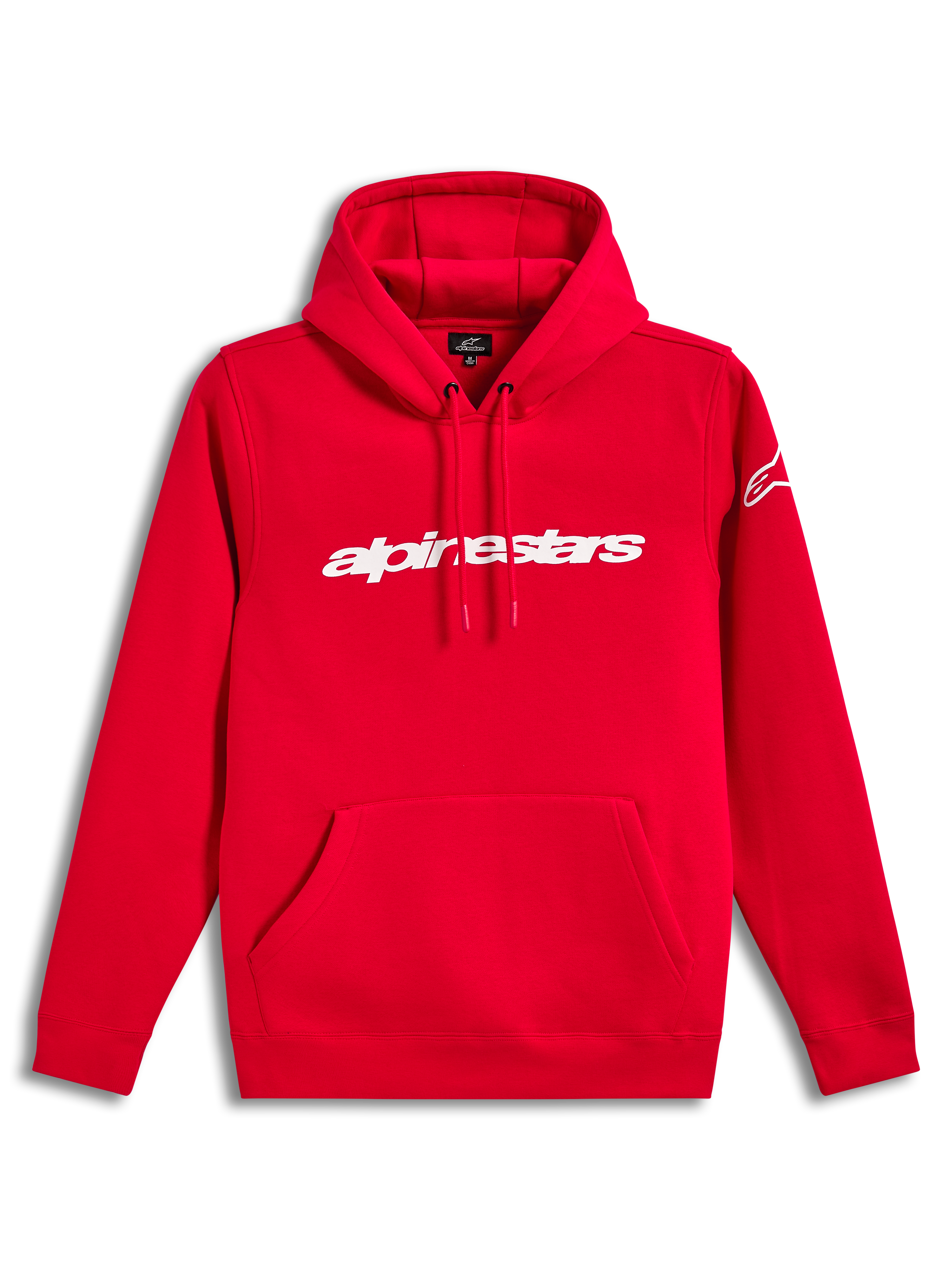 Alpinestars Race Wordmark Hoodie, felpa con cappuccio rossa in pile, logo bianco lineare sul petto, tasca frontale a marsupio