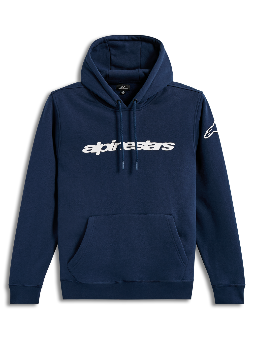 Alpinestars Race Wordmark Hoodie, felpa con cappuccio blu e bianca con logo frontale e tasca a marsupio.