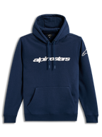 Alpinestars Race Wordmark Hoodie, felpa con cappuccio blu e bianca con logo frontale e tasca a marsupio.