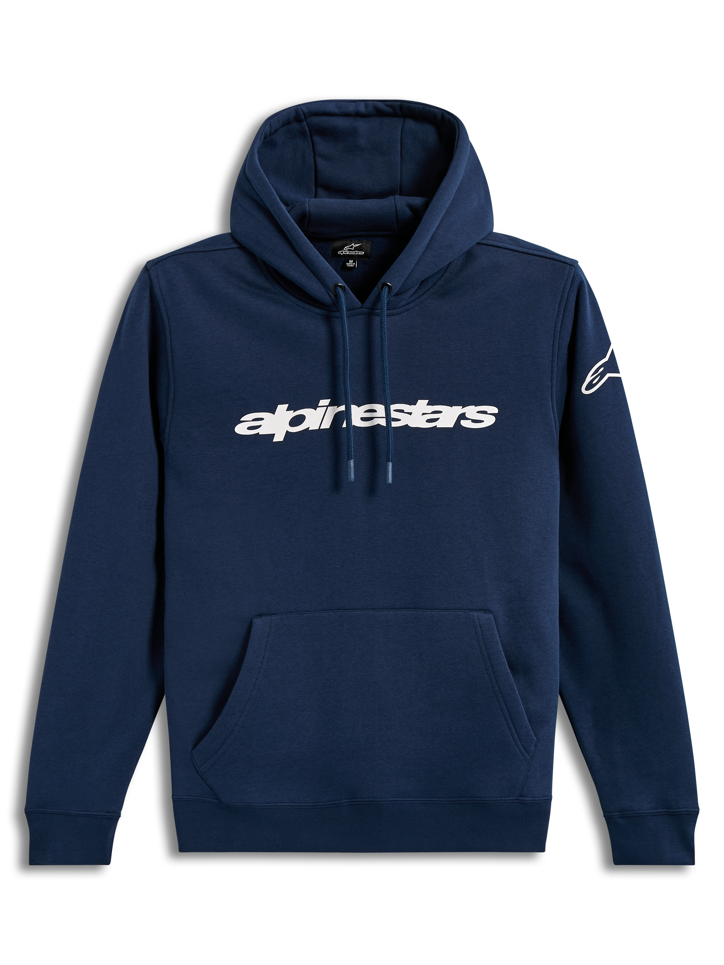 Alpinestars Race Wordmark Hoodie, felpa con cappuccio blu e bianca con logo frontale e tasca a marsupio.
