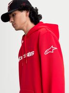 Alpinestars Felpa con cappuccio Race Wordmark, felpa in pile sportswear da uomo, rosso e bianco, logo Race Linear frontale e logo Ageless sulla manica, design casual ispirato al motorsport.