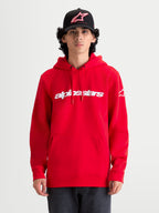 Alpinestars felpa con cappuccio Race Wordmark, felpa da uomo in pile sportswear, rossa e bianca, in misto cotone premium e poliestere riciclato, con logo frontale Race Linear e grafica Ageless sulla manica per un look ispirato al motorsport.