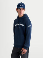 Alpinestars Felpa con cappuccio Race Wordmark, felpa sportswear da uomo in pile, blu navy e bianco, con logo frontale e logo Ageless sulla manica, in cotone e poliestere riciclato, stile casual motorsport