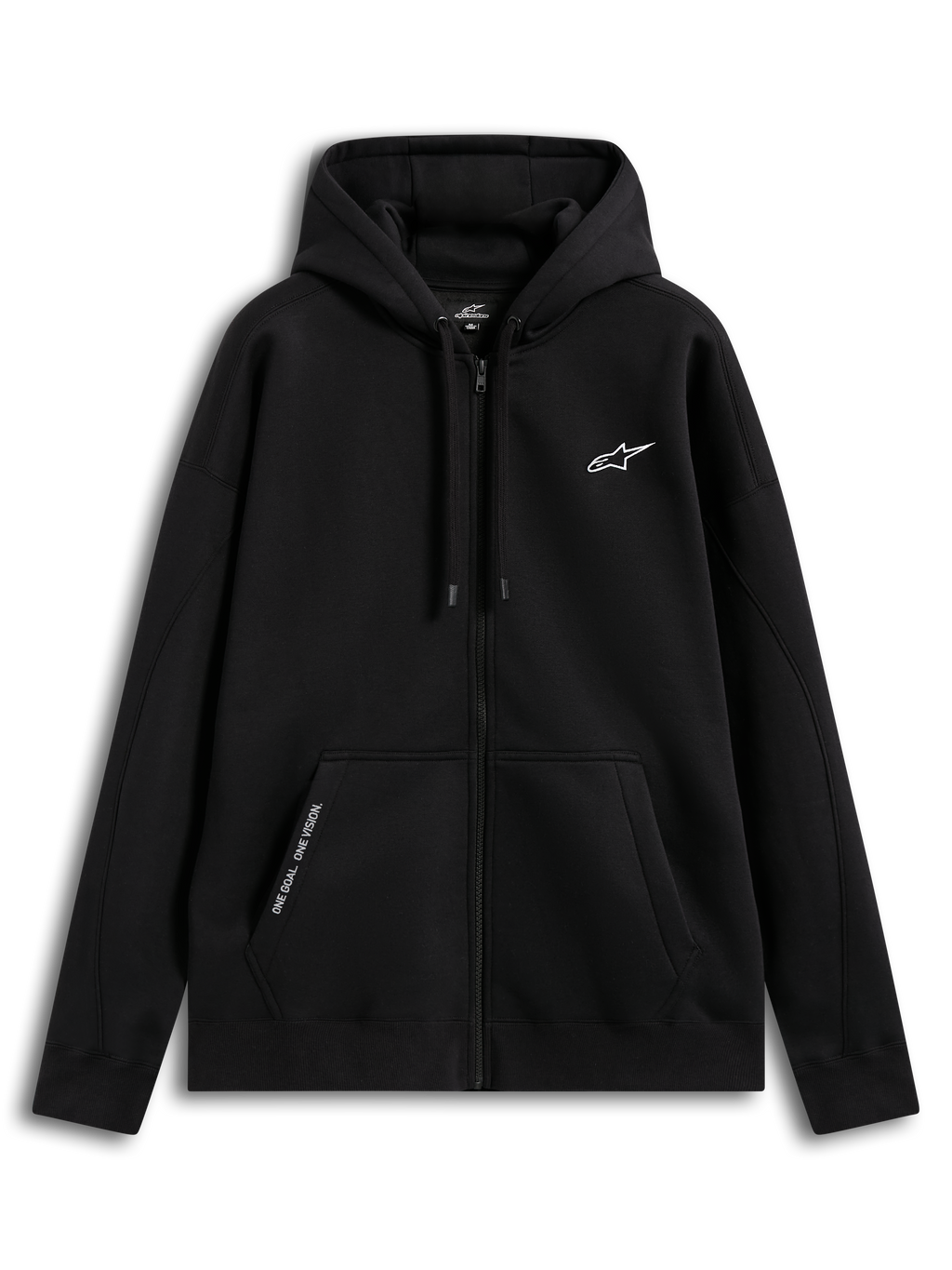 Alpinestars felpa con cappuccio Pioneer Oversized, felpa sportswear con zip unisex, nera, logo Astars bianco ricamato sul petto, scritta One Goal. One Vision. sulla tasca a marsupio, vestibilità rilassata, cerniera Vislon e cappuccio regolabile, in cotone e poliestere riciclato.