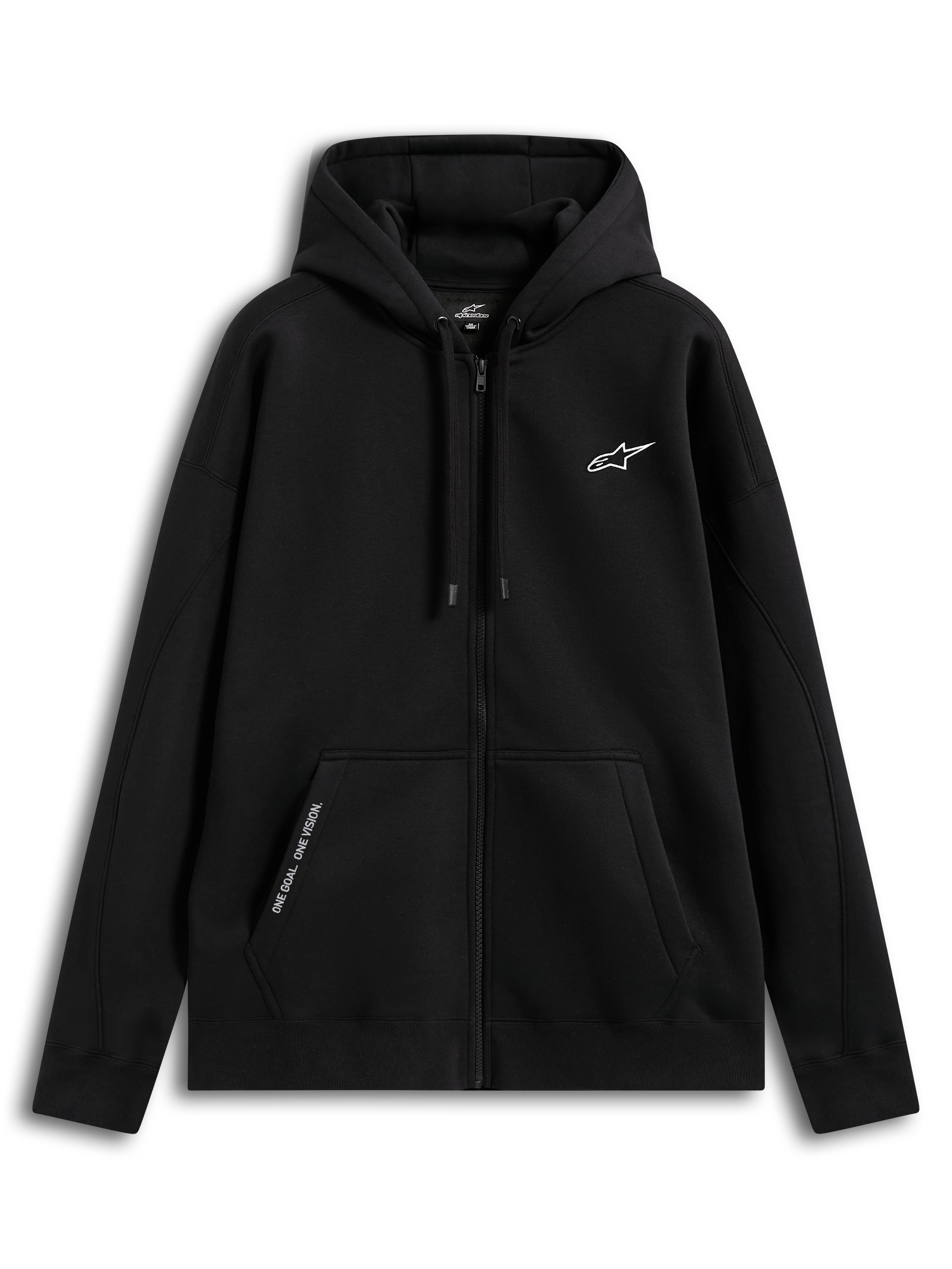 Alpinestars felpa con cappuccio Pioneer Oversized, felpa sportswear con zip unisex, nera, logo Astars bianco ricamato sul petto, scritta One Goal. One Vision. sulla tasca a marsupio, vestibilità rilassata, cerniera Vislon e cappuccio regolabile, in cotone e poliestere riciclato.