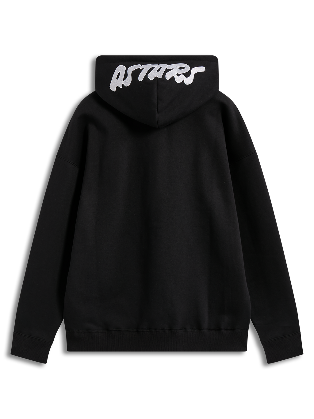 Alpinestars Pioneer Oversized Hoodie, felpa in pile nero con logo Astars bianco ricamato sul cappuccio, vista posteriore