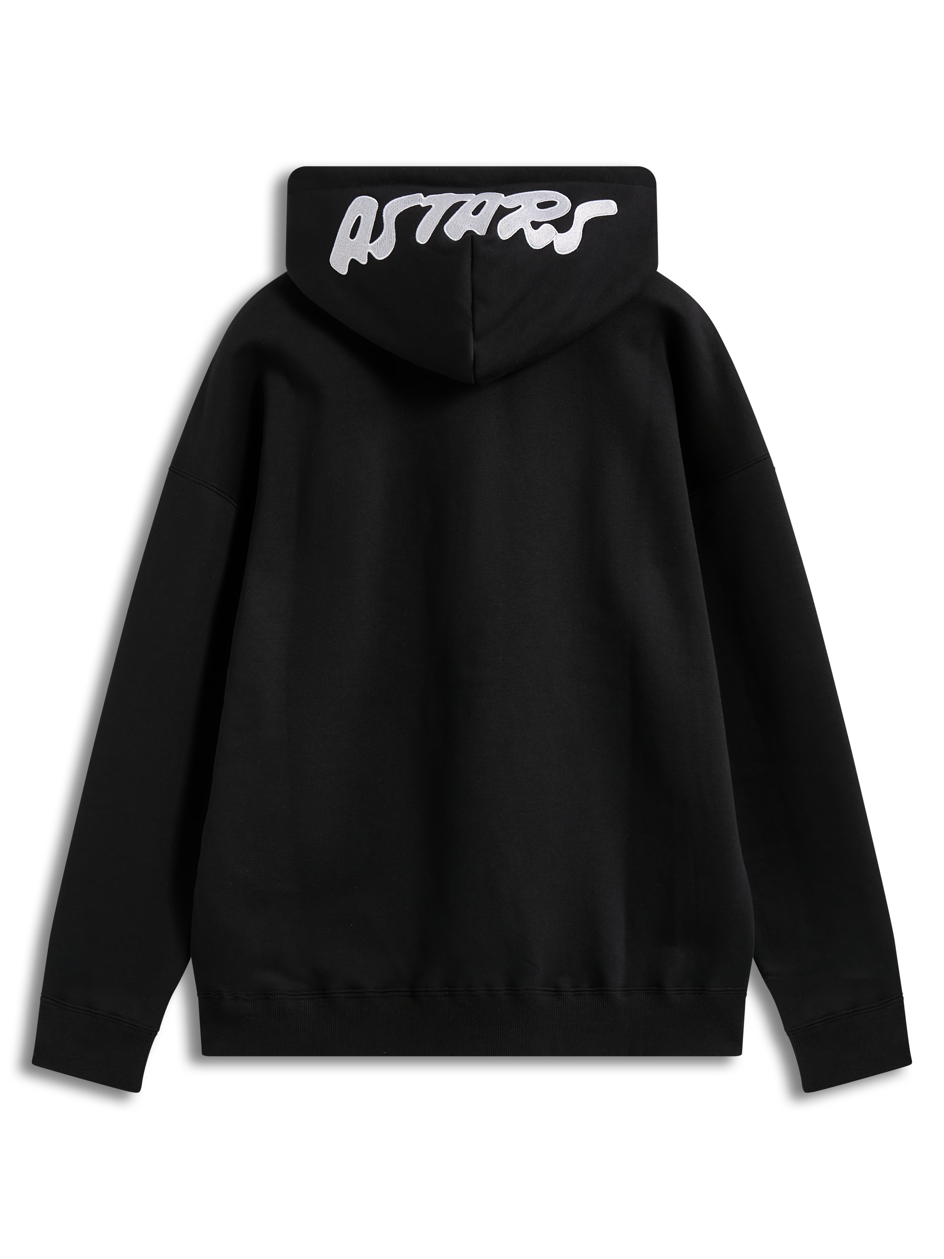 Alpinestars Pioneer Oversized Hoodie, felpa in pile nero con logo Astars bianco ricamato sul cappuccio, vista posteriore