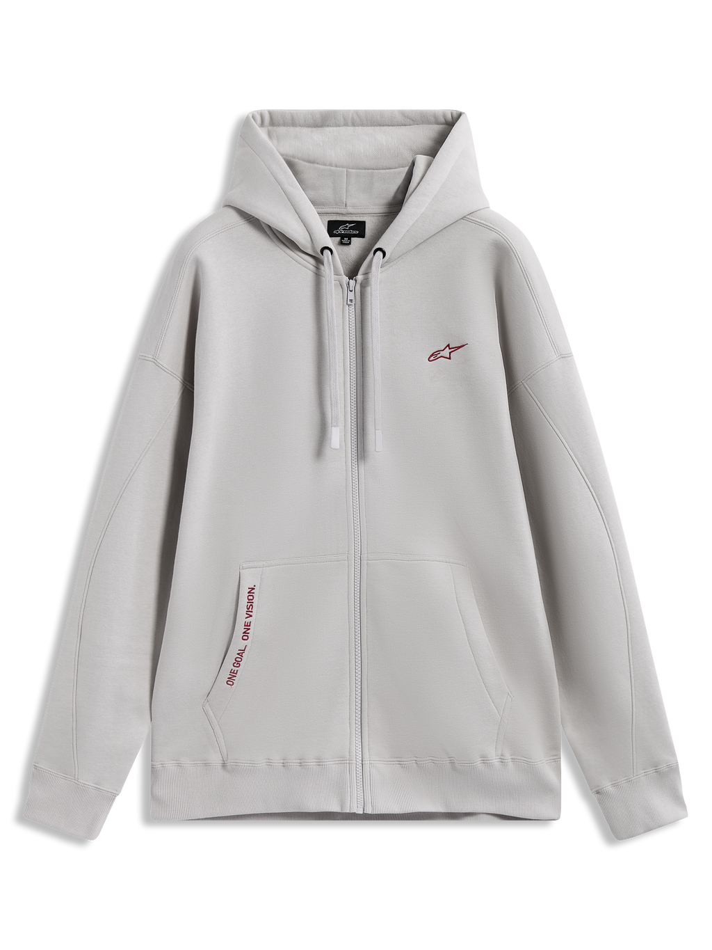Alpinestars Pioneer Oversized Hoodie, felpa sportiva grigio cemento con zip, dettagli rossi e tasca a marsupio.