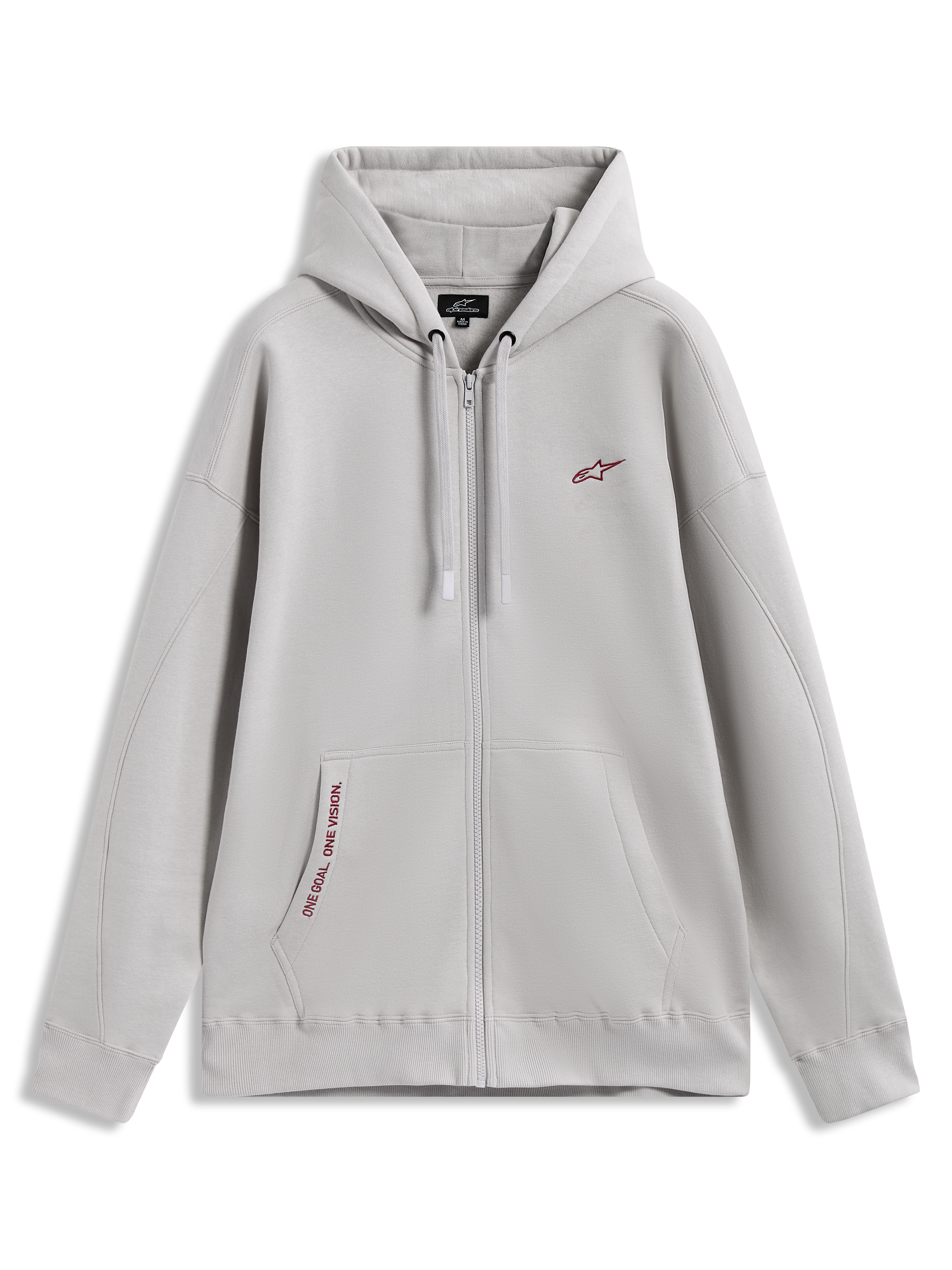 Alpinestars Pioneer Oversized Hoodie, felpa sportiva grigio cemento con zip, dettagli rossi e tasca a marsupio.