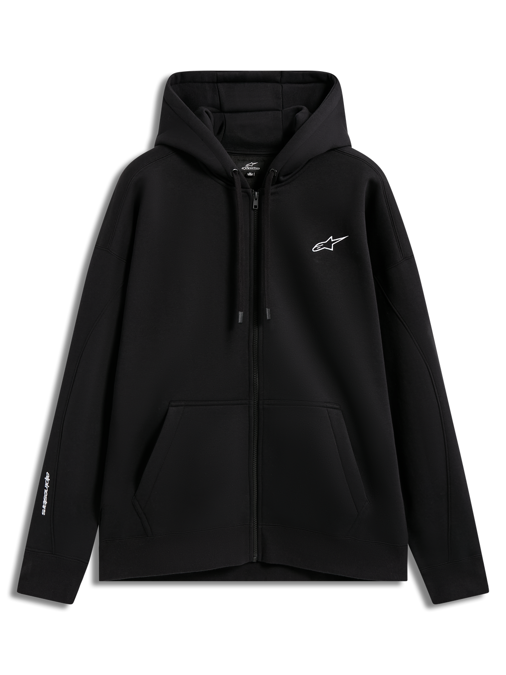 Alpinestars Entity Oversized Hoodie, felpa sportiva in pile nera con zip, logo bianco ricamato e tasca a marsupio.