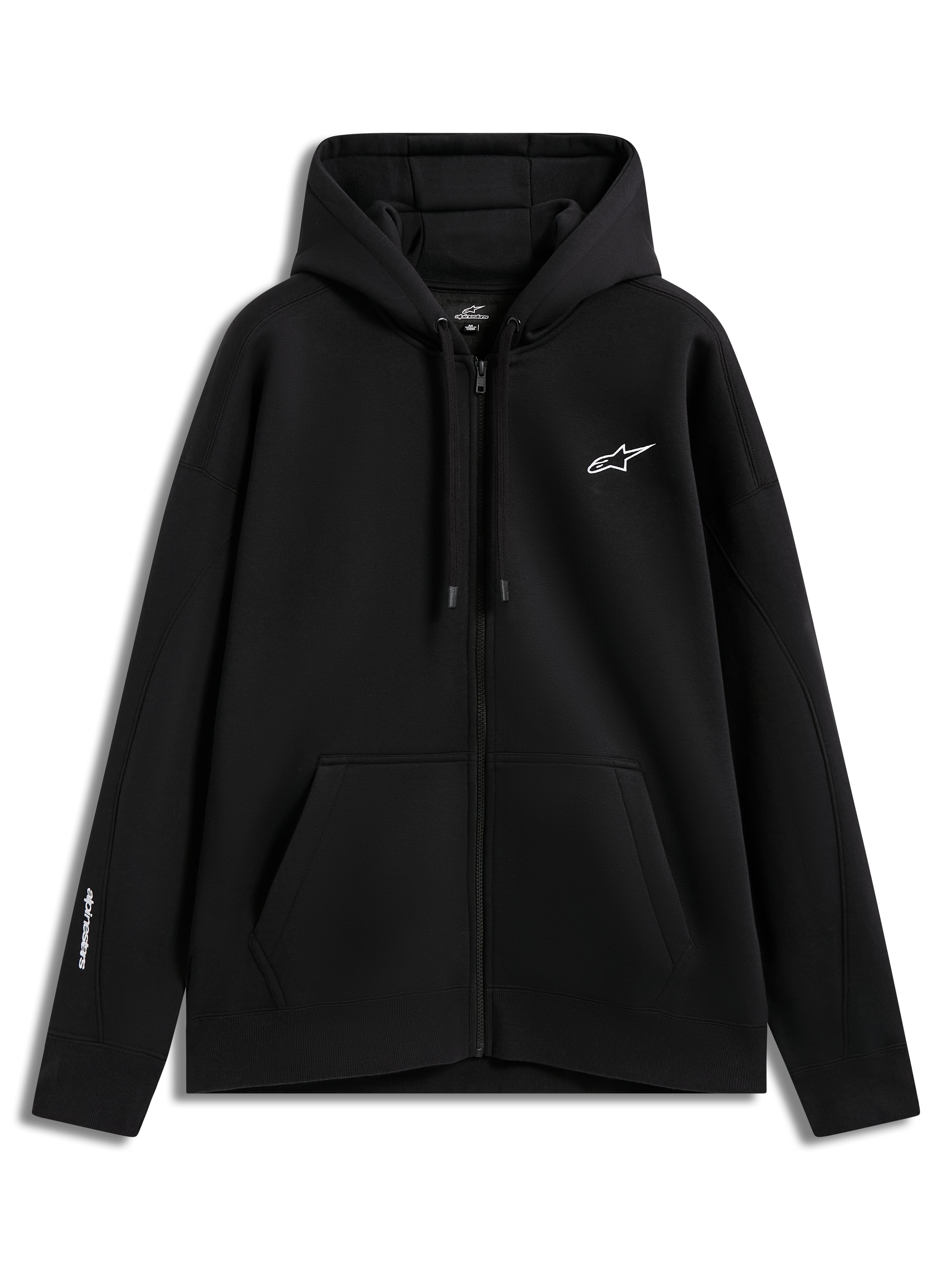 Alpinestars Entity Oversized Hoodie, felpa sportiva in pile nera con zip, logo bianco ricamato e tasca a marsupio.
