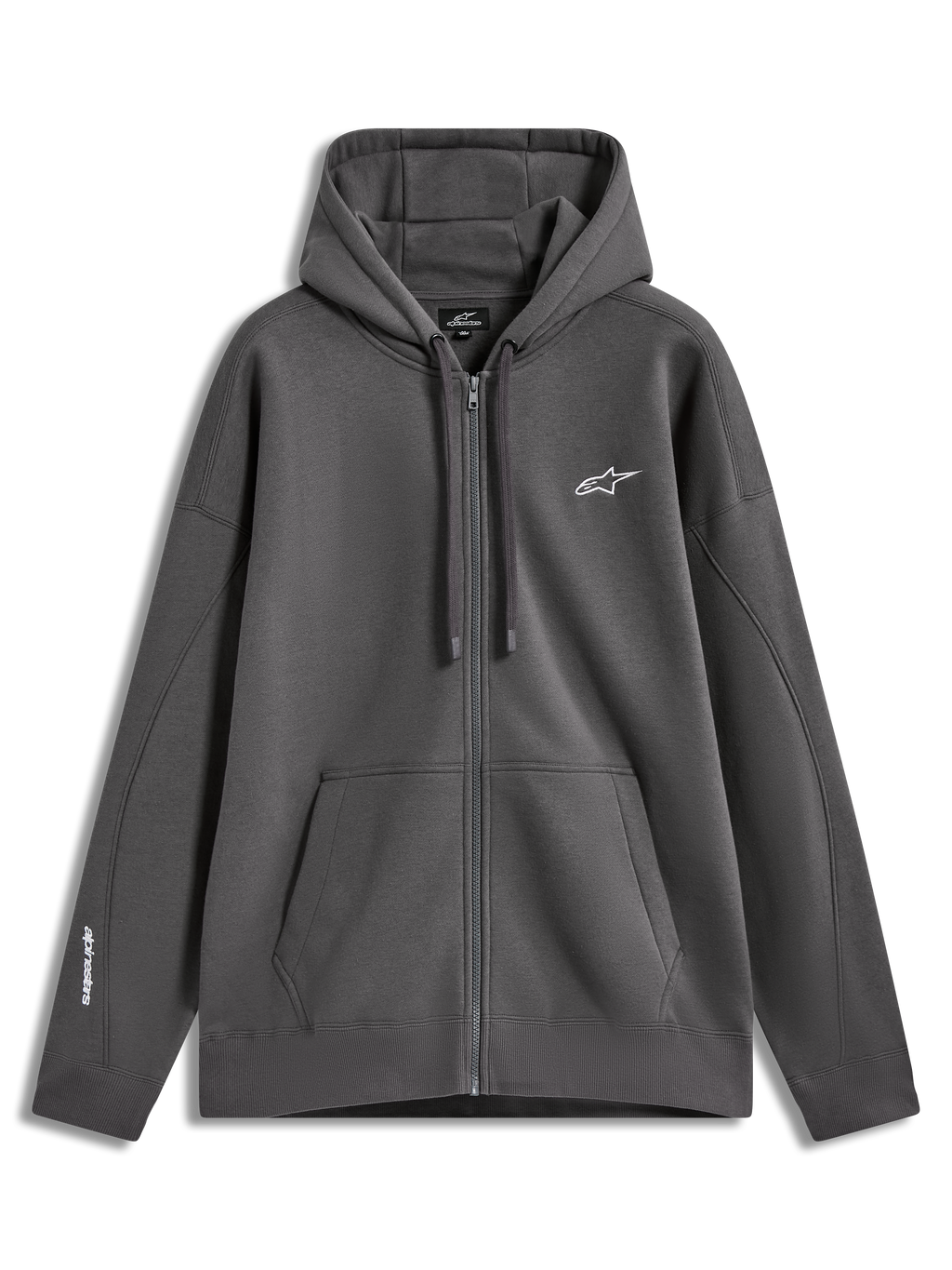 Alpinestars Entity Oversized Hoodie, felpa con cappuccio e zip, grigio antracite, con tasca a marsupio e logo ricamato bianco.