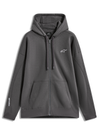 Alpinestars Entity Oversized Hoodie, felpa con cappuccio e zip, grigio antracite, con tasca a marsupio e logo ricamato bianco.