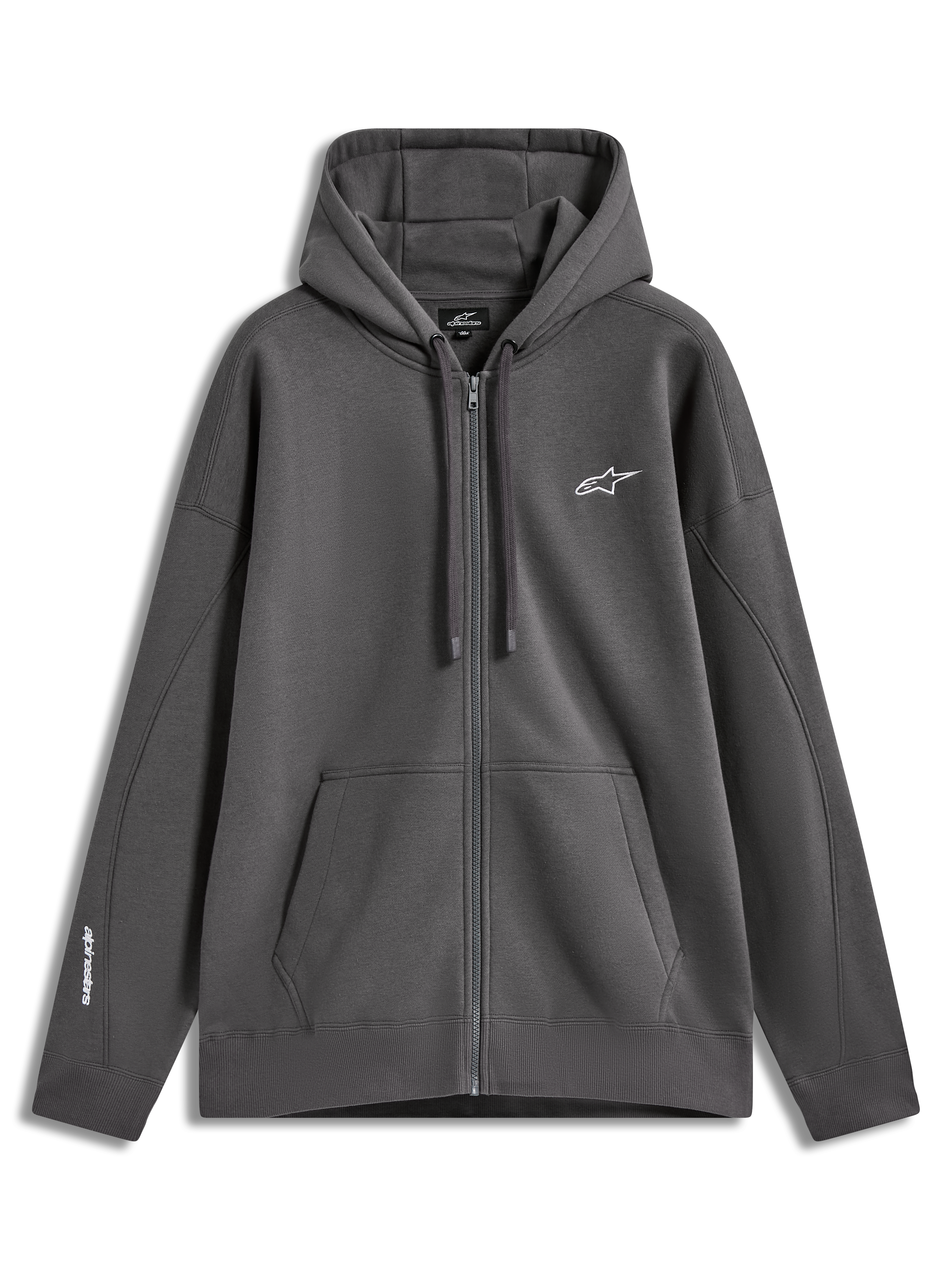 Alpinestars Entity Oversized Hoodie, felpa con cappuccio e zip, grigio antracite, con tasca a marsupio e logo ricamato bianco.