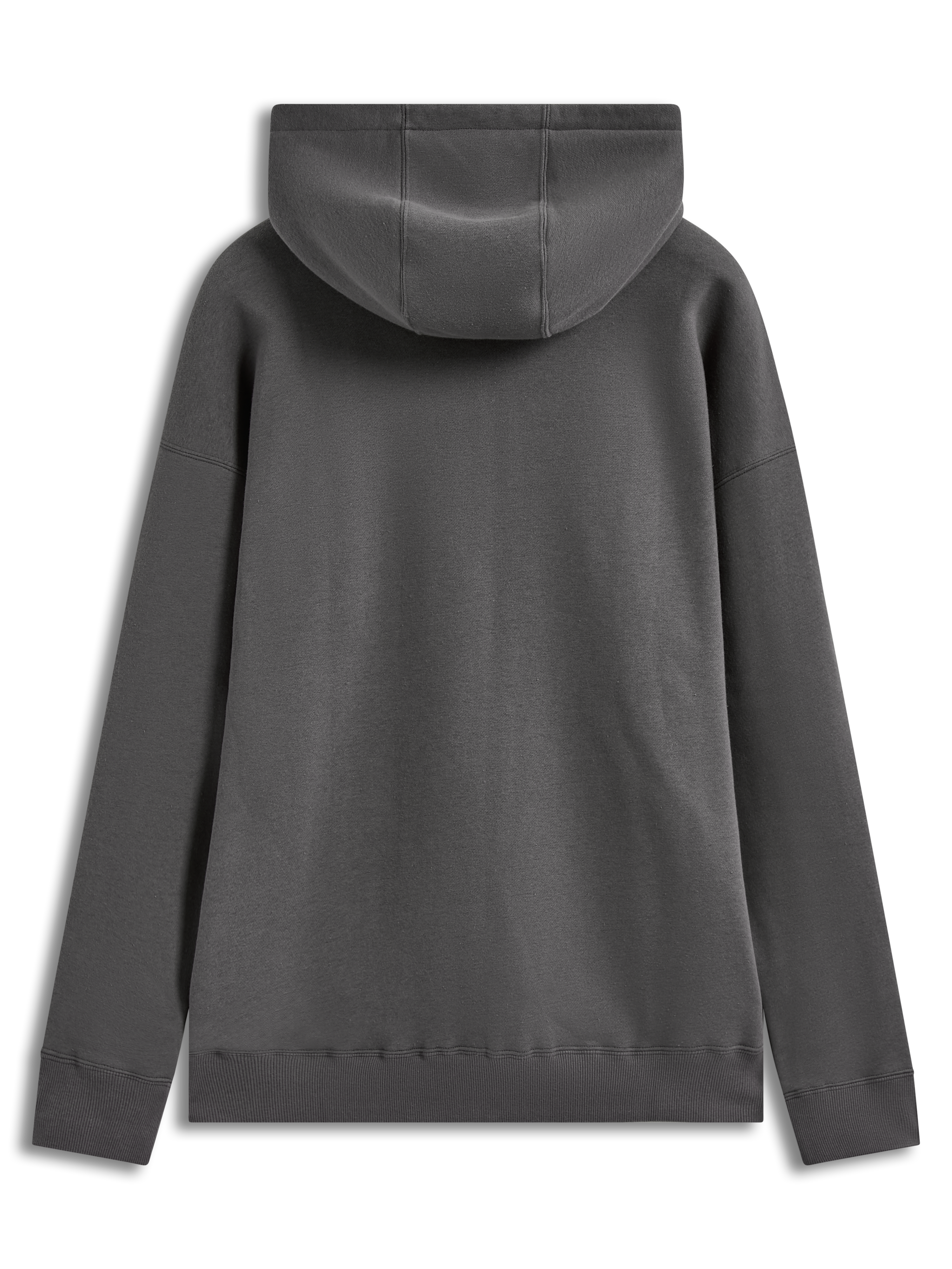 Alpinestars Entity Oversized Hoodie, felpa sportiva grigio antracite, vista posteriore con cappuccio ampio e polsini a costine.