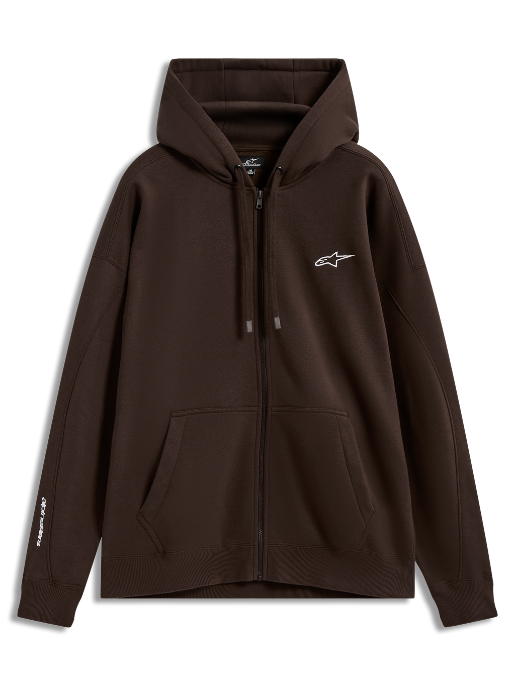 Alpinestars Entity Oversized Hoodie, felpa con cappuccio e zip in pile, marrone, loghi bianchi ricamati su petto e manica, tasca a marsupio e cerniera Vislon, sportswear casual