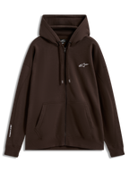 Alpinestars Entity Oversized Hoodie, felpa con cappuccio e zip in pile, marrone, loghi bianchi ricamati su petto e manica, tasca a marsupio e cerniera Vislon, sportswear casual