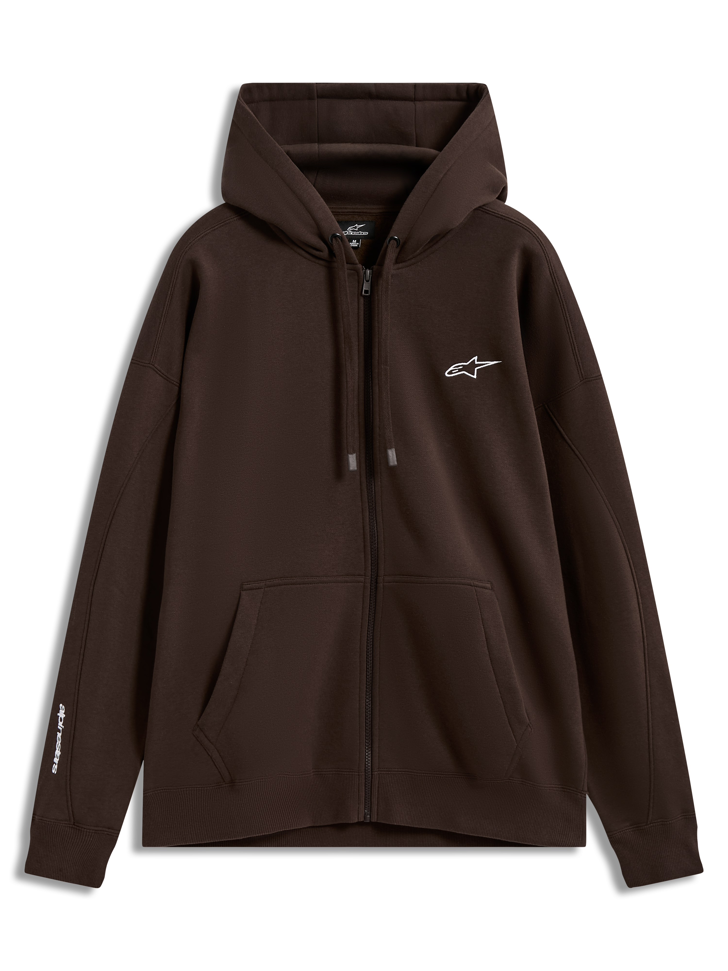 Alpinestars Entity Oversized Hoodie, felpa con cappuccio e zip in pile, marrone, loghi bianchi ricamati su petto e manica, tasca a marsupio e cerniera Vislon, sportswear casual