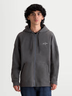 Alpinestars felpa con cappuccio Entity Oversized, felpa sportiva con zip integrale in pile, grigio antracite, logo Astars bianco ricamato sul petto, vestibilità oversize rilassata su modello, stile lifestyle.