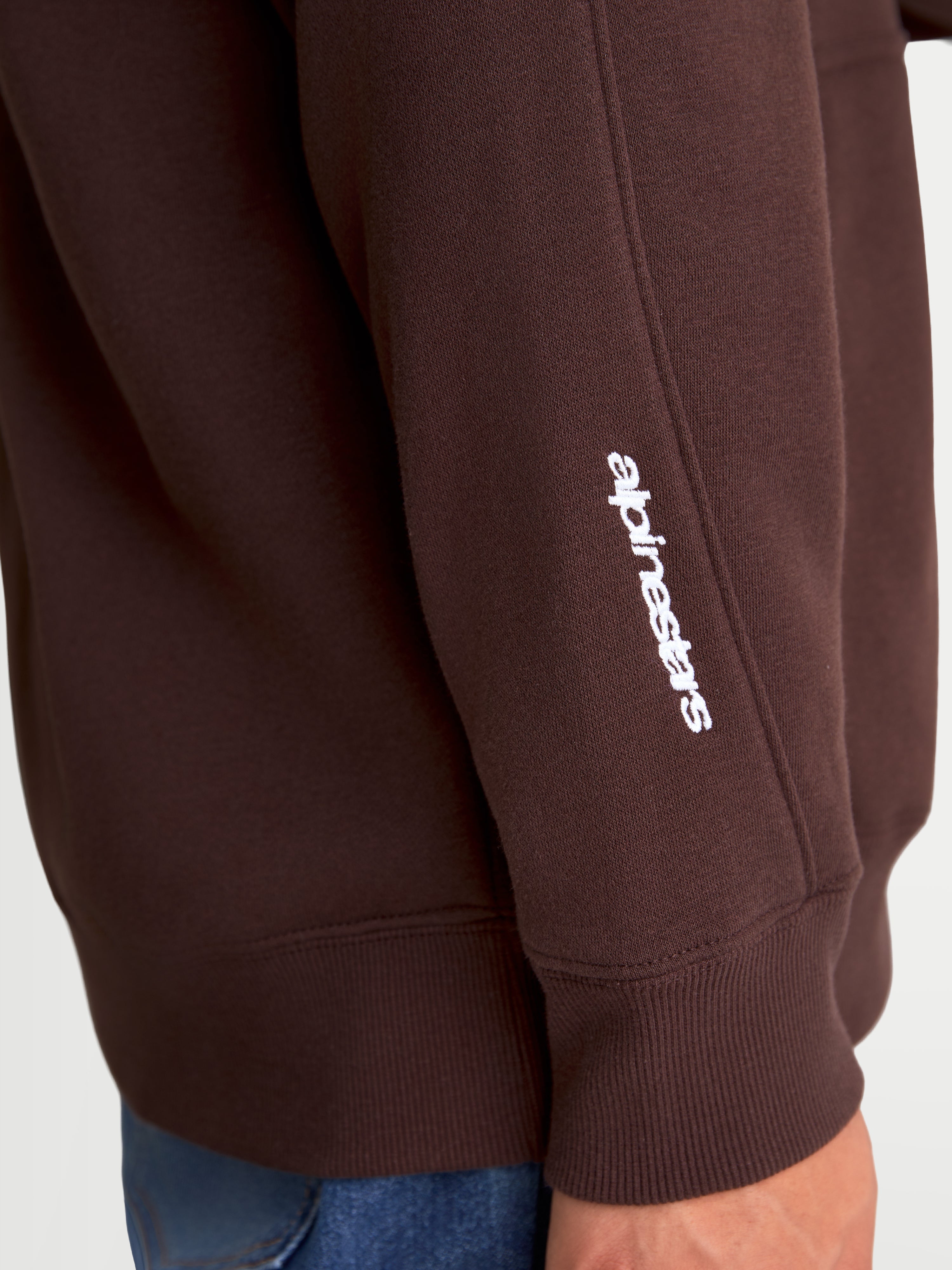 Alpinestars felpa con cappuccio Entity Oversized, felpa sportswear casual in pile di cotone riciclato, marrone con logo bianco ricamato sulla manica e dettaglio polsino a costine