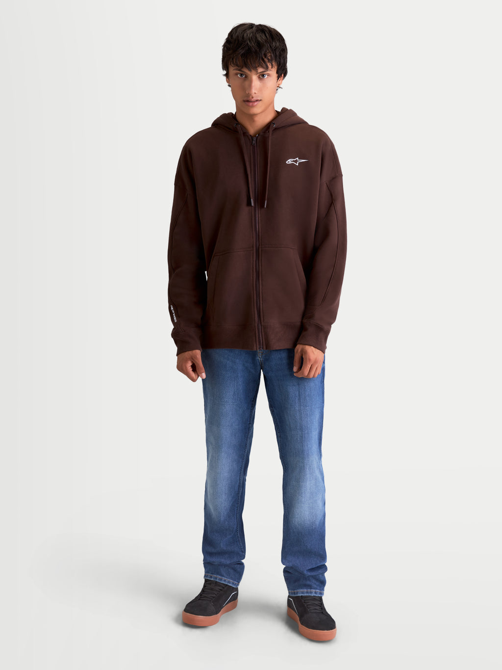 Alpinestars Felpa con cappuccio Entity Oversized, felpa da uomo marrone con zip frontale, vestibilità rilassata, tasca a marsupio e ricamo logo Astars, sportswear casual in pile di cotone e poliestere riciclato