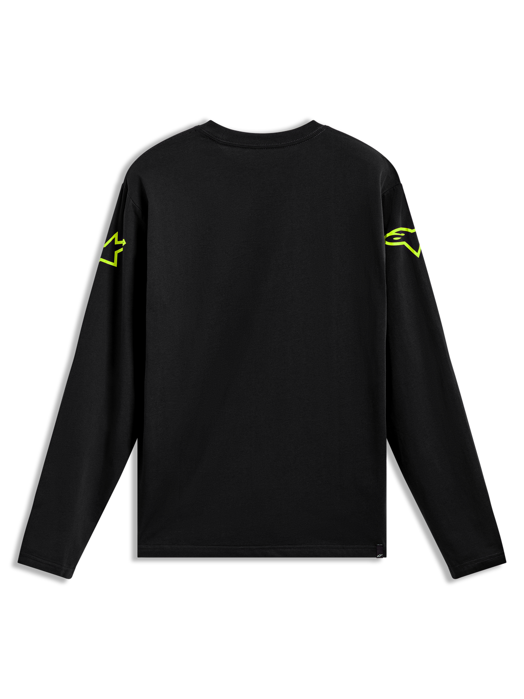 Alpinestars Velocifier CSF Tee, maglietta a maniche lunghe nera con loghi Astars giallo neon sulle spalle, vista posteriore.