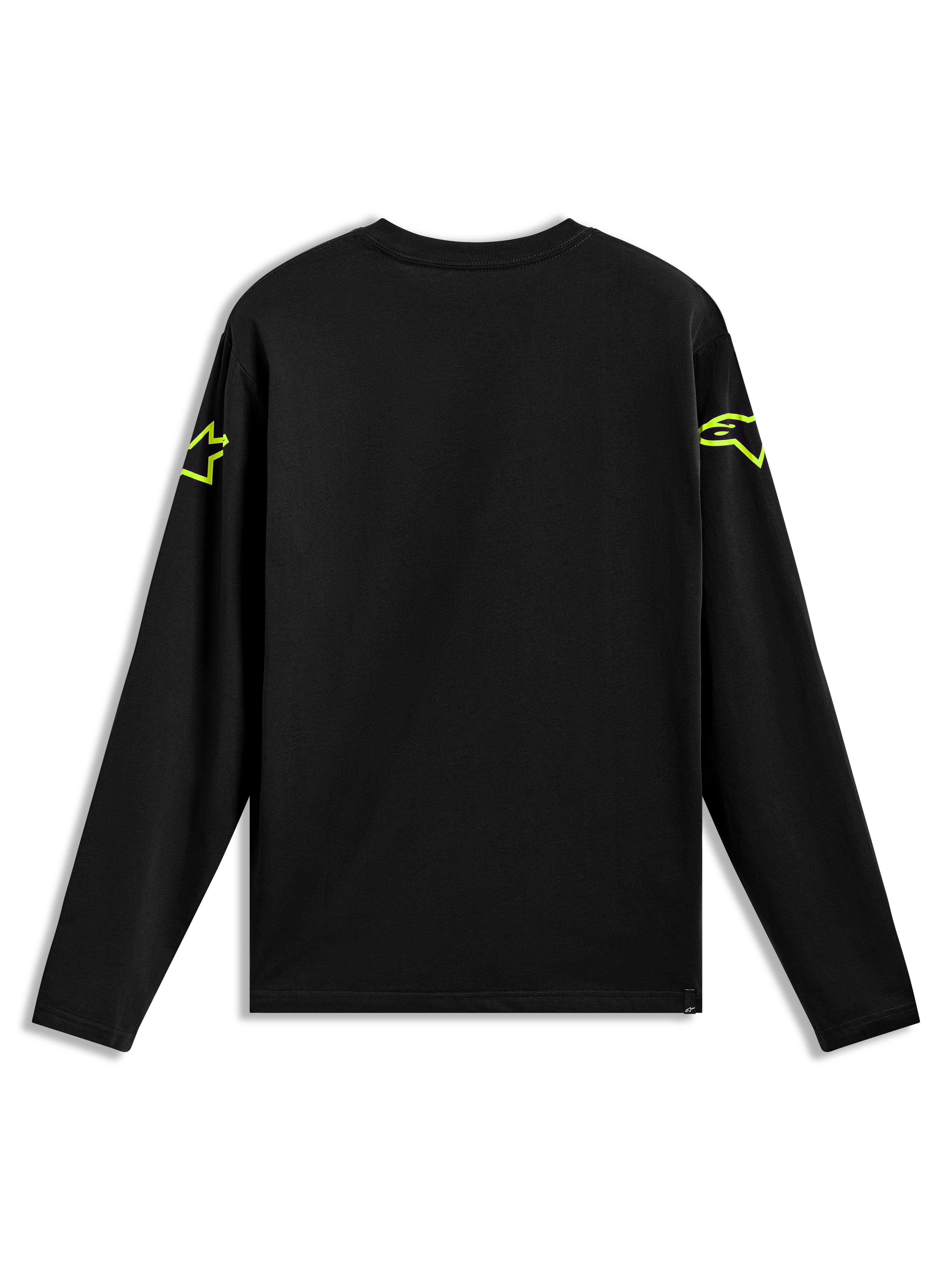 Alpinestars Velocifier CSF Tee, maglietta a maniche lunghe nera con loghi Astars giallo neon sulle spalle, vista posteriore.